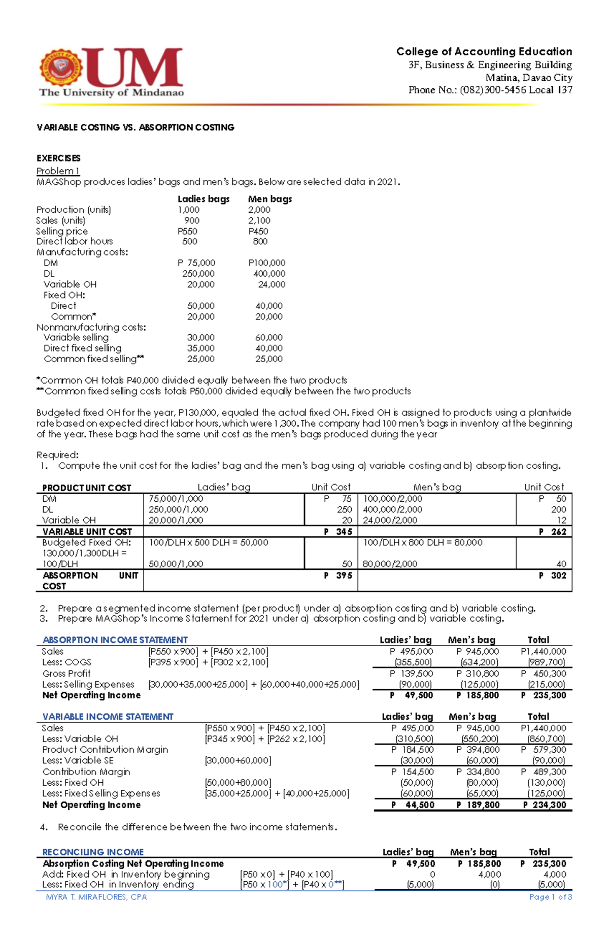 4Variable vs. Absorption Exercise Problem ONLY - College of Accounting ...