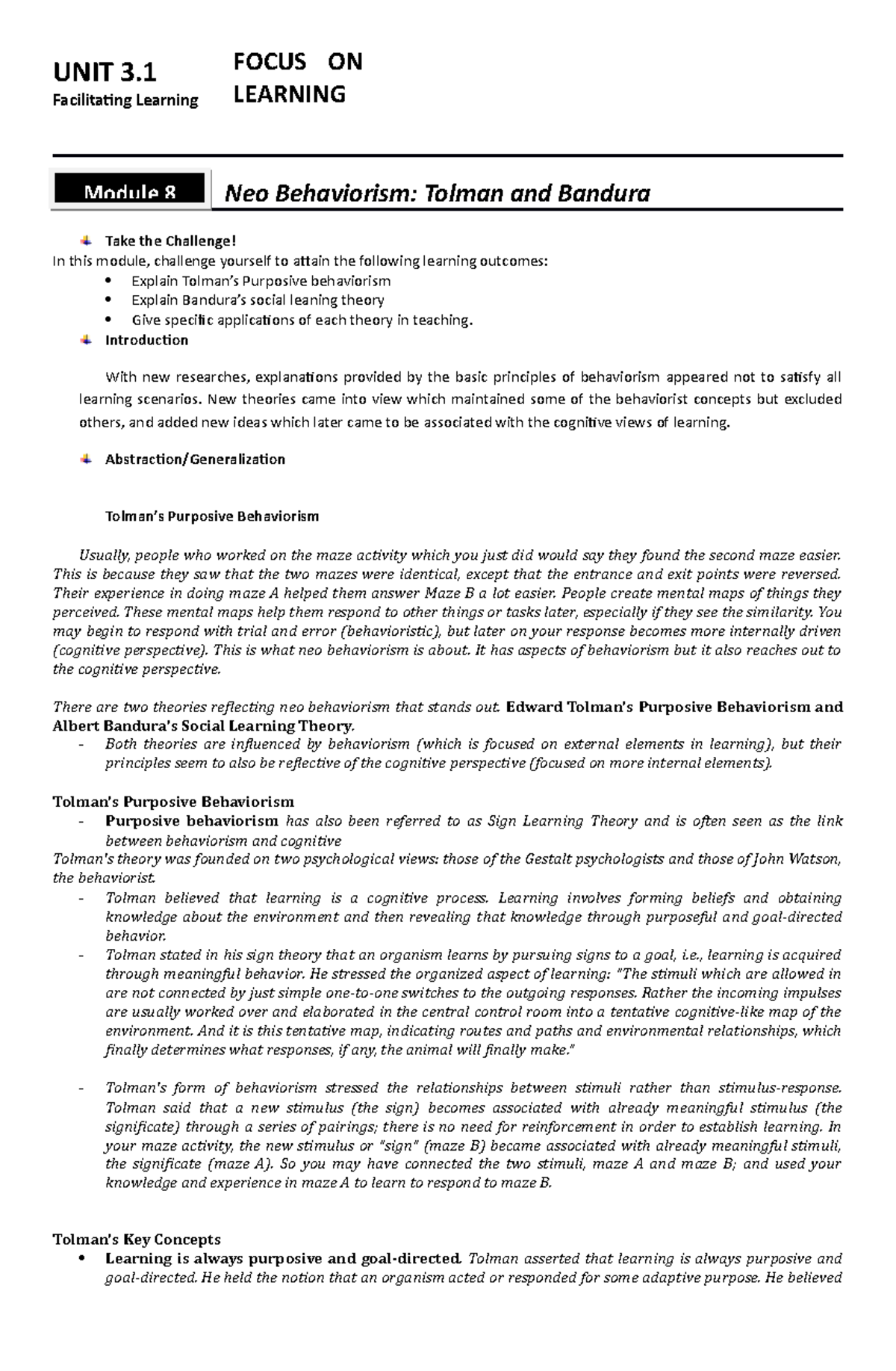 EL115 Module 8 NEO Behaviorism Tolman and Bandura UNIT 3