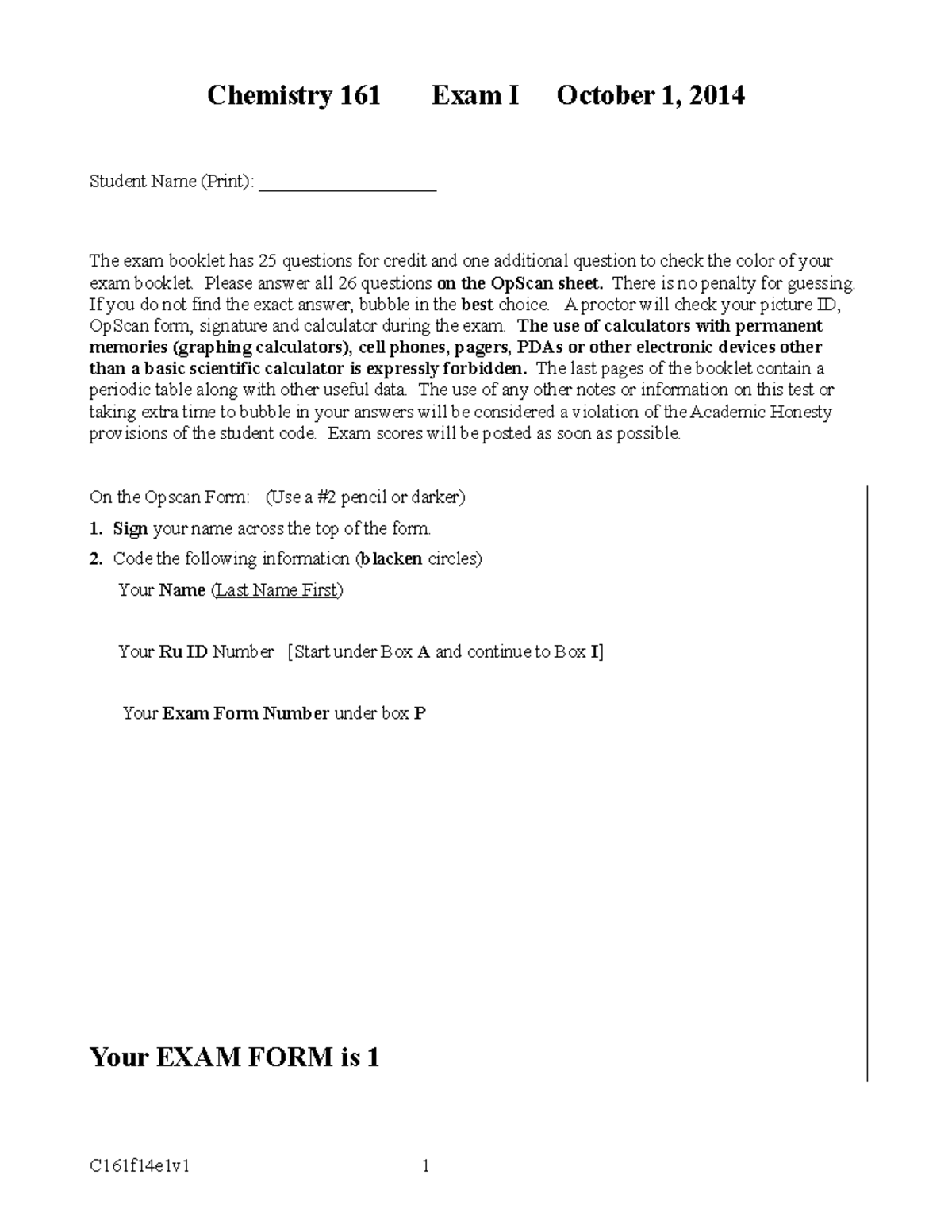 Chem 161-2014 Exam I + Solutions - Chemistry 161 Exam I October 1, 2014 ...