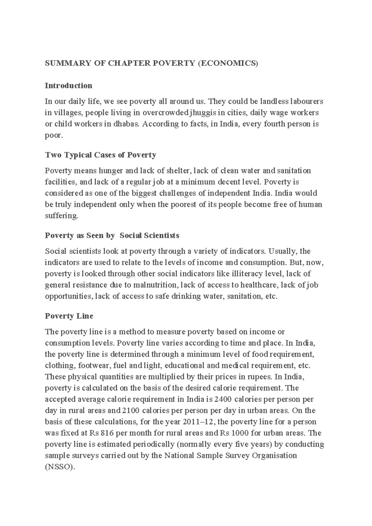 Summary OF Chapter Poverty - SUMMARY OF CHAPTER POVERTY (ECONOMICS ...