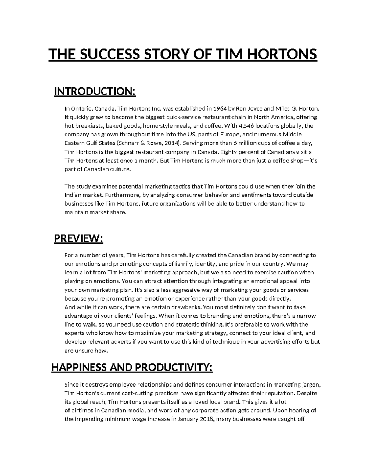 Anshdeep 0853623 1 - BUSINESS WORK - THE SUCCESS STORY OF TIM HORTONS ...