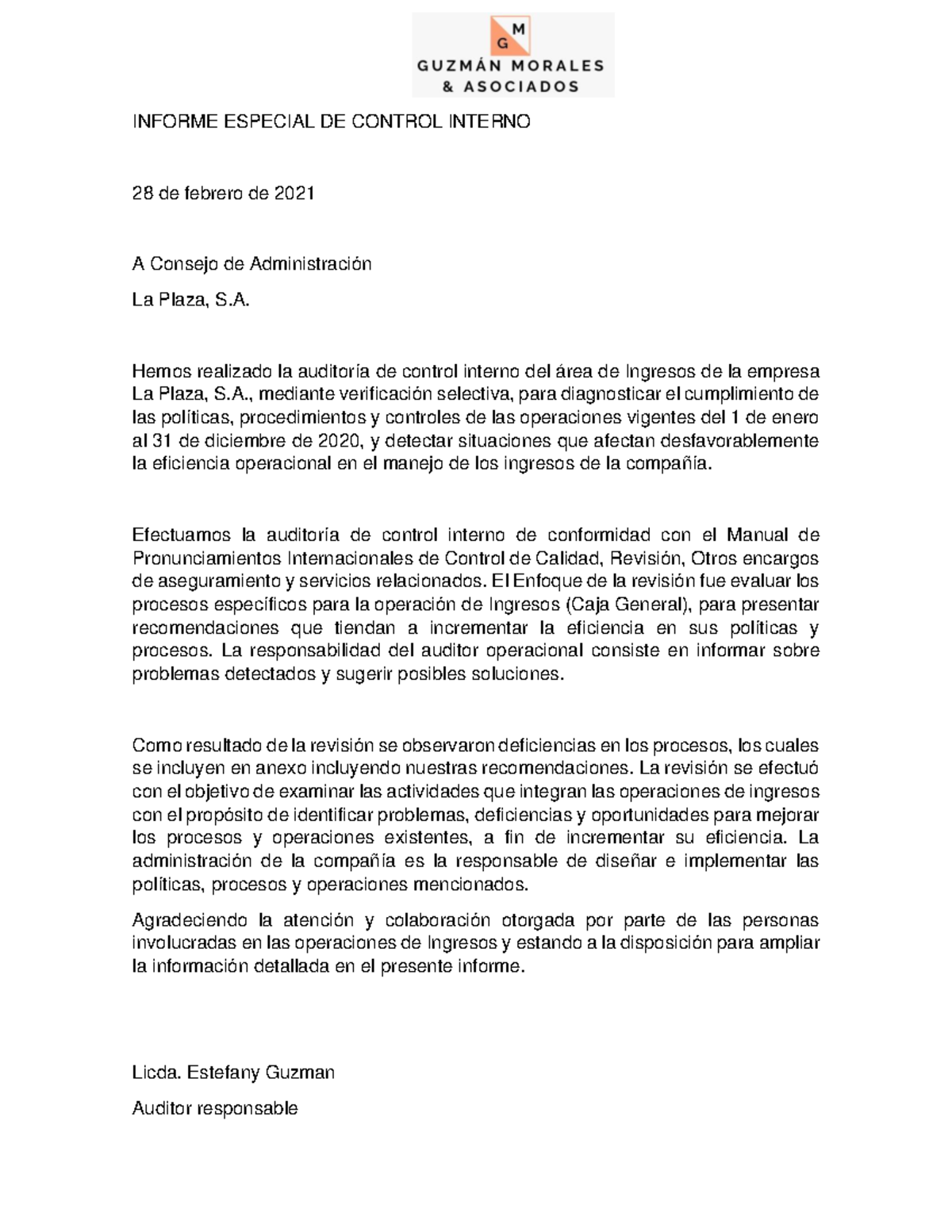 Informe de Auditoria 1 - INFORME ESPECIAL DE CONTROL INTERNO 28 de ...