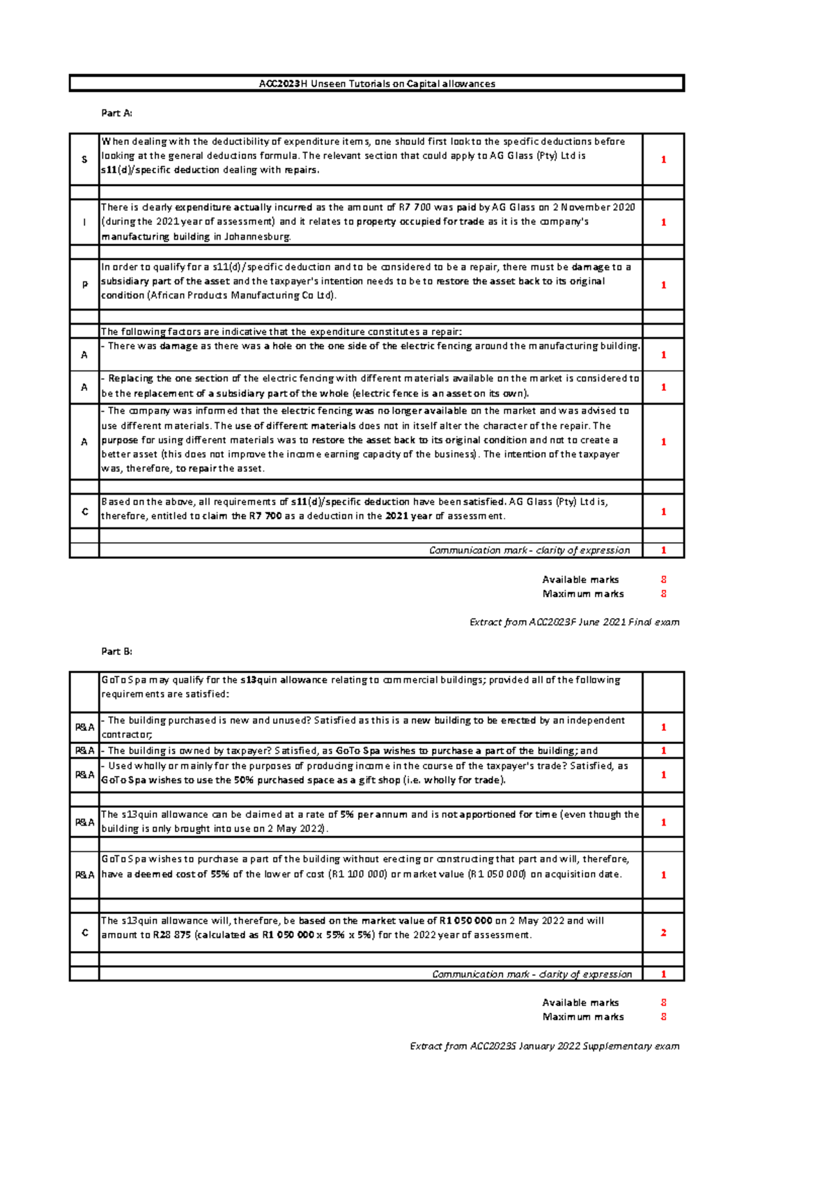 Unseen Solution Capital Allowances Part A S 1 I 1 P 1 A 1 A 1 A 1