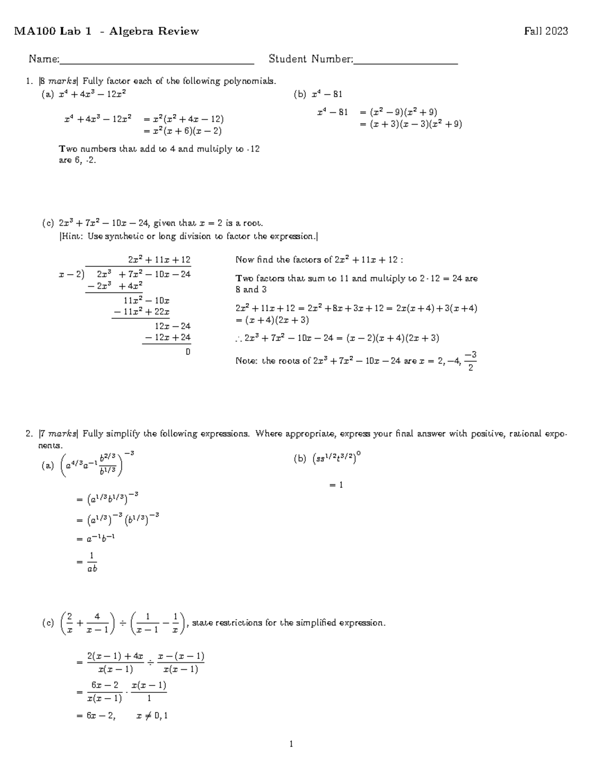 100Lab1Soln - Lab - MA100 Lab 1 - Algebra Review Fall 2023 Name ...