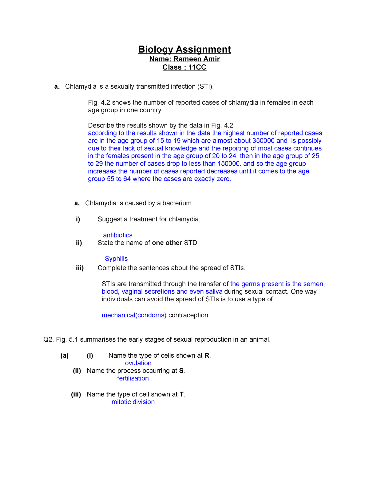 Sexualy Transmitted Disease Worksheet Biology Assignment Name Rameen Amir Class 11cc A 6856