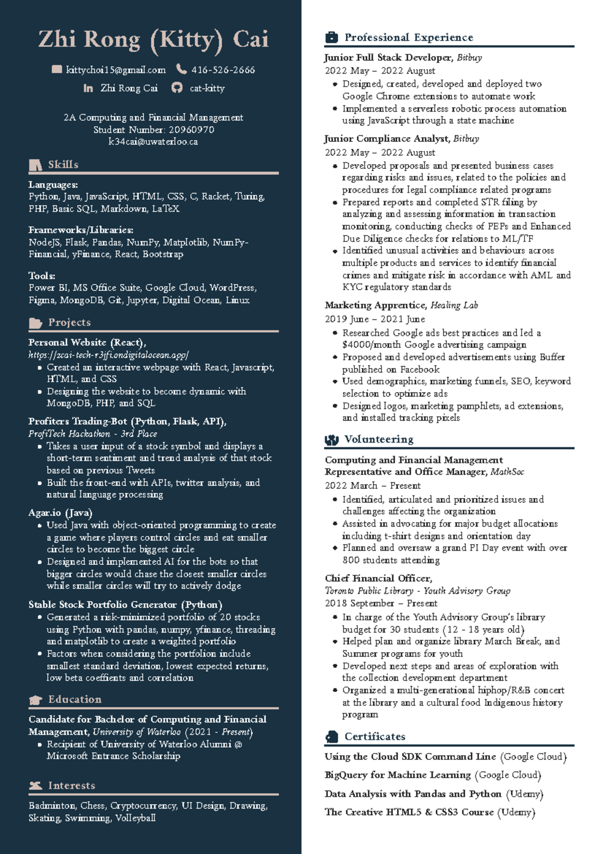 Kitty CS Resume - Zhi Rong (Kitty) Cai kittychoi15@gmail 416-526- Zhi ...