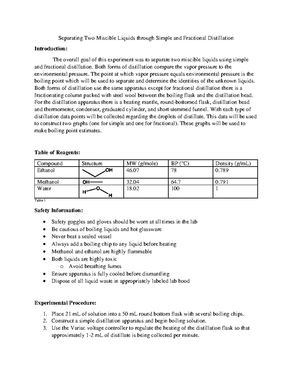 Distillation Lab Report Separating Two Miscible Liquids through