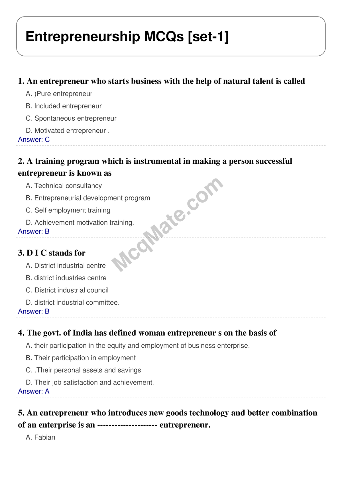 Entrepreneurship Solved MCQs [set-1] Mcq Mate.com - McqMate ...