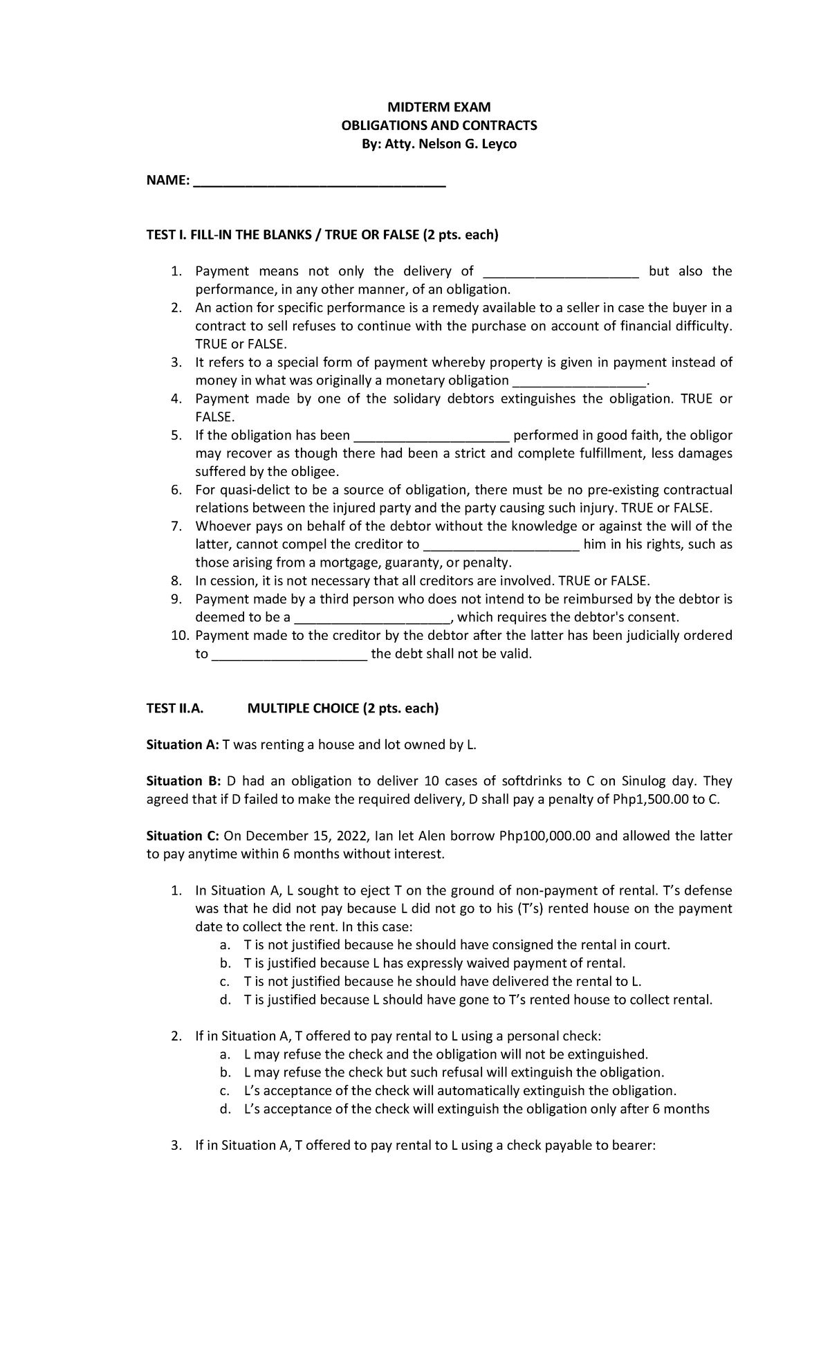 Oblicon Midterms 2023 Wkdy - MIDTERM EXAM OBLIGATIONS AND CONTRACTS By ...