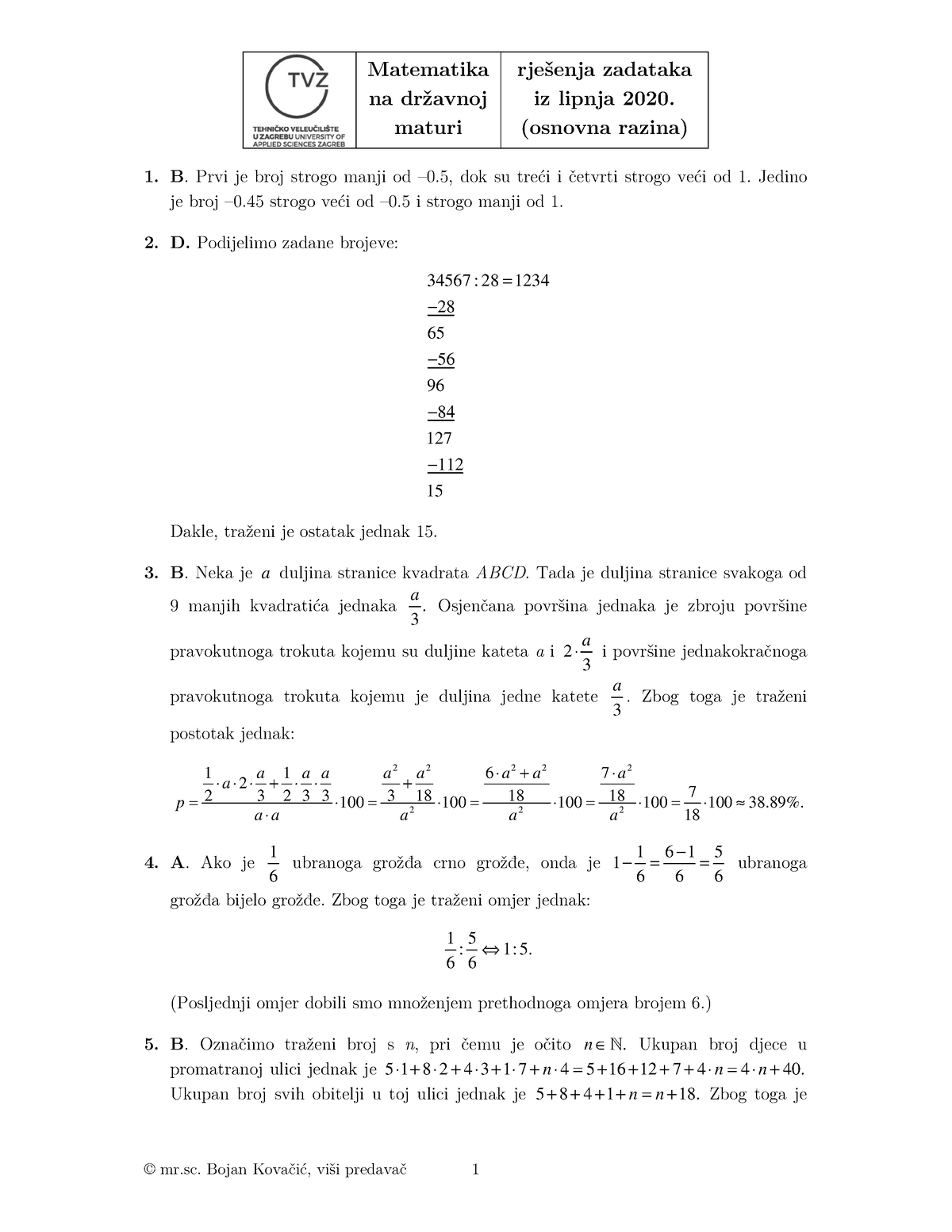 Matb - Lipanj 2020 - Rjesenja Zadataka - Na Dr Avnoj Maturi Iz Lipnja ...