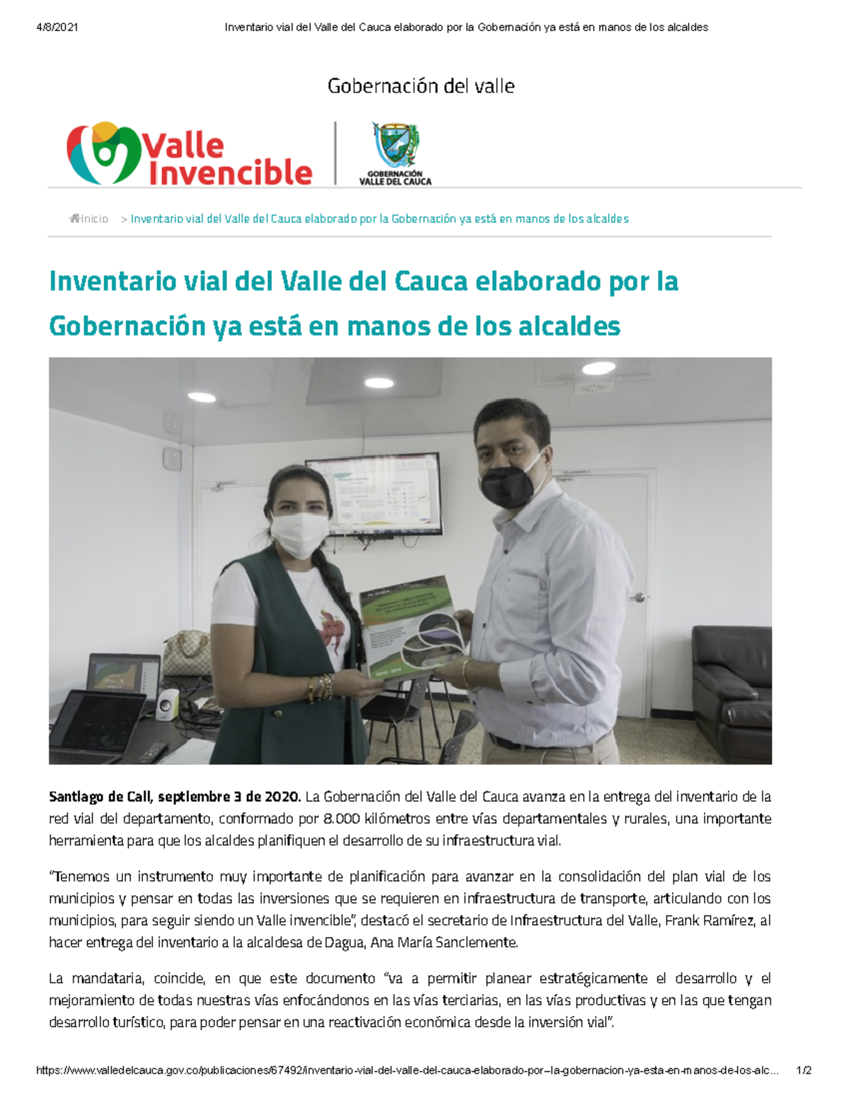 Inventario vial del Valle del Cauca elaborado por la Gobernación ya