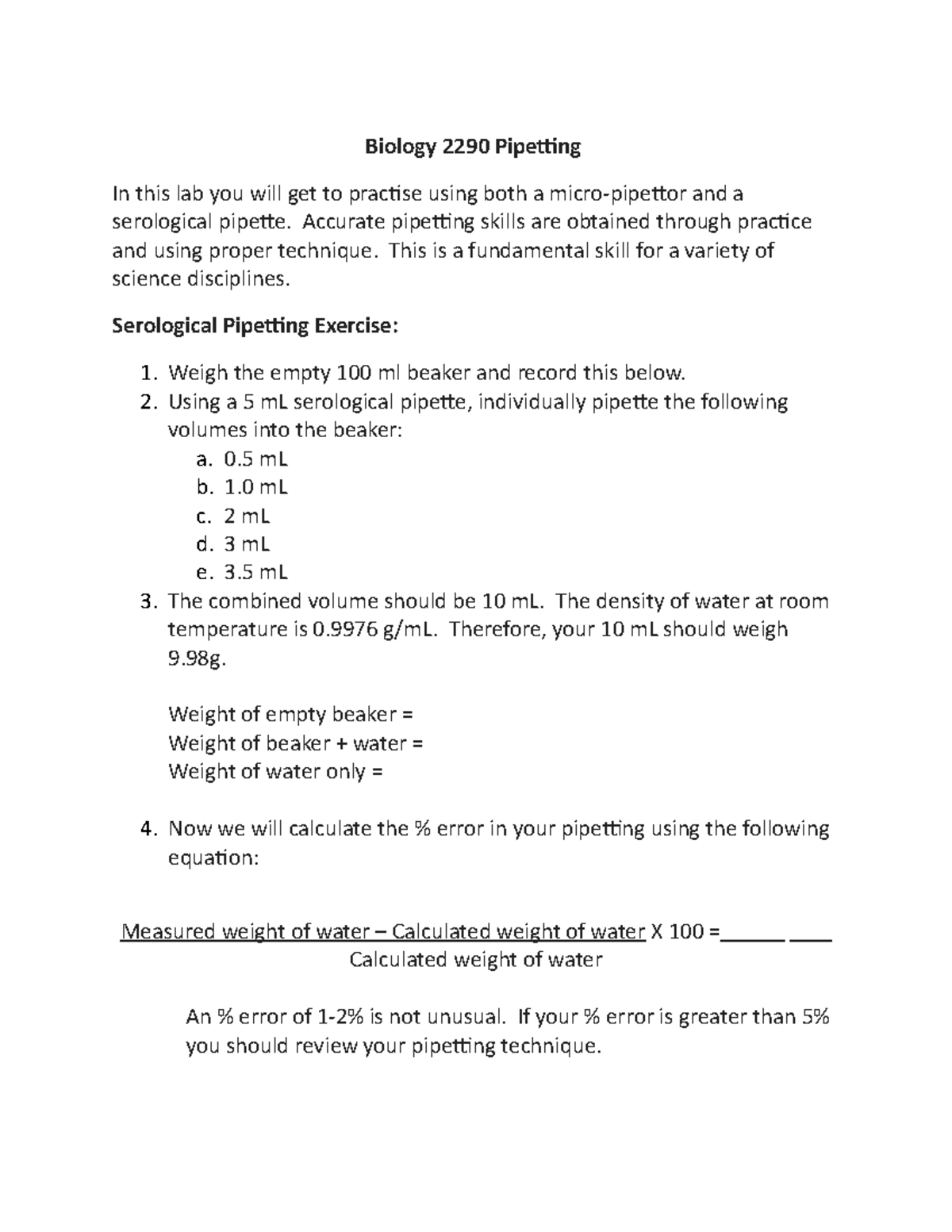 Pipetting+exercise methods assignment Biology 2290 Pipetting In this lab you will get to