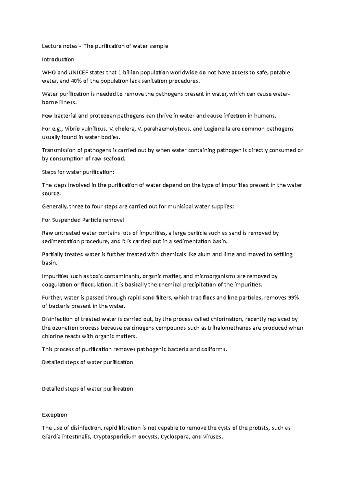 Lecture notes The purification of water sample Lecture notes The