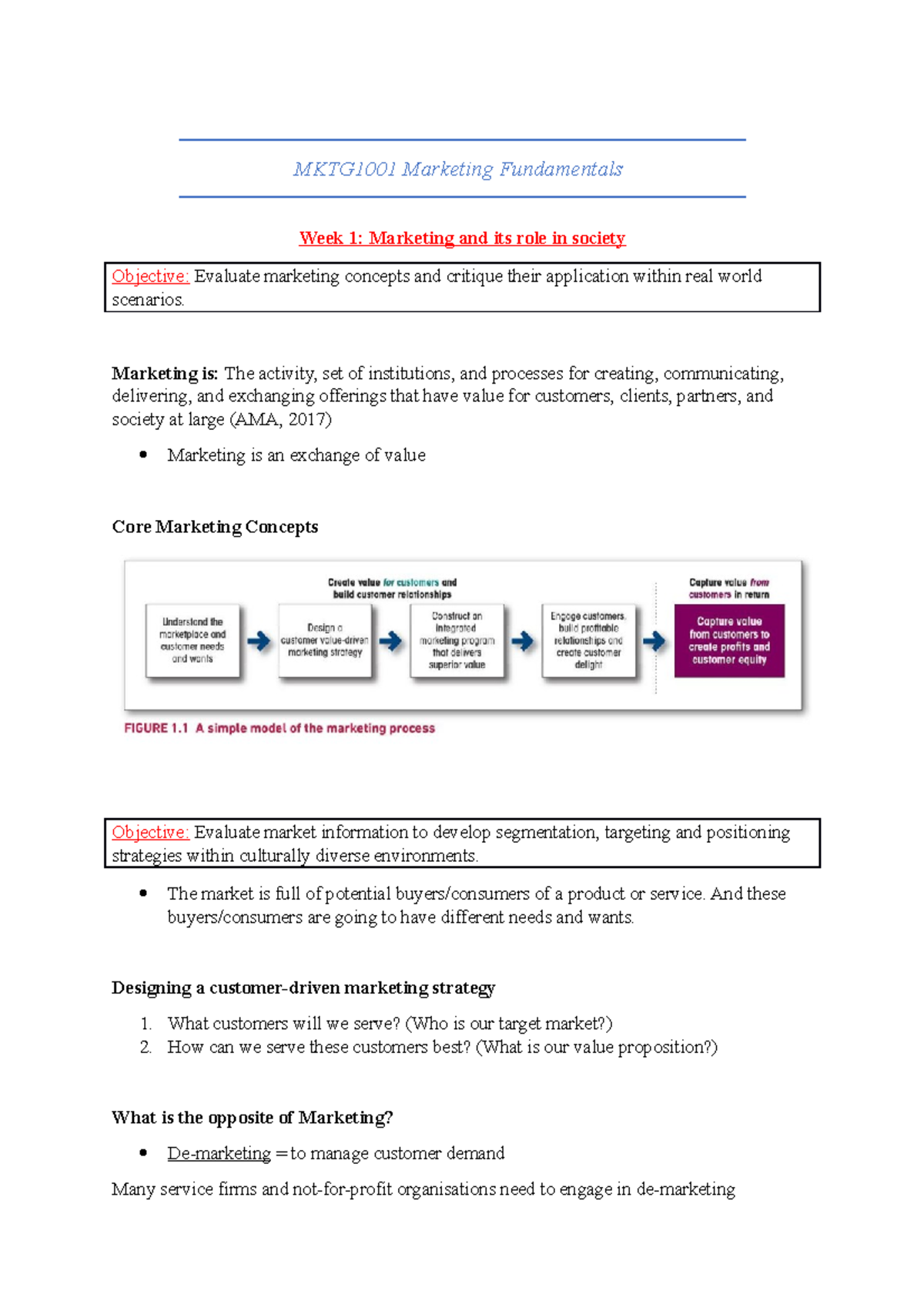 MKTG1001 Lecture Notes - MKTG1001 Marketing Fundamentals Week 1 ...