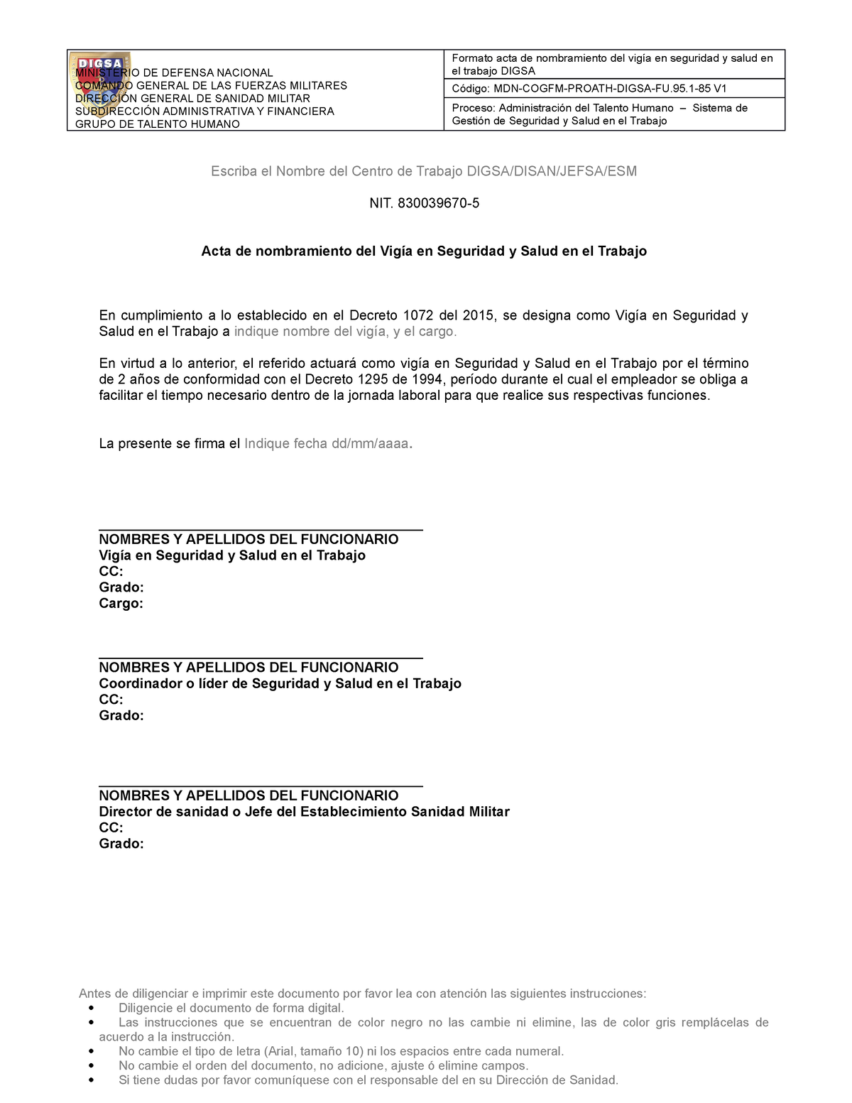 Formato Acta De Nombramiento Del Vigia En Seguridad Y Salud En El