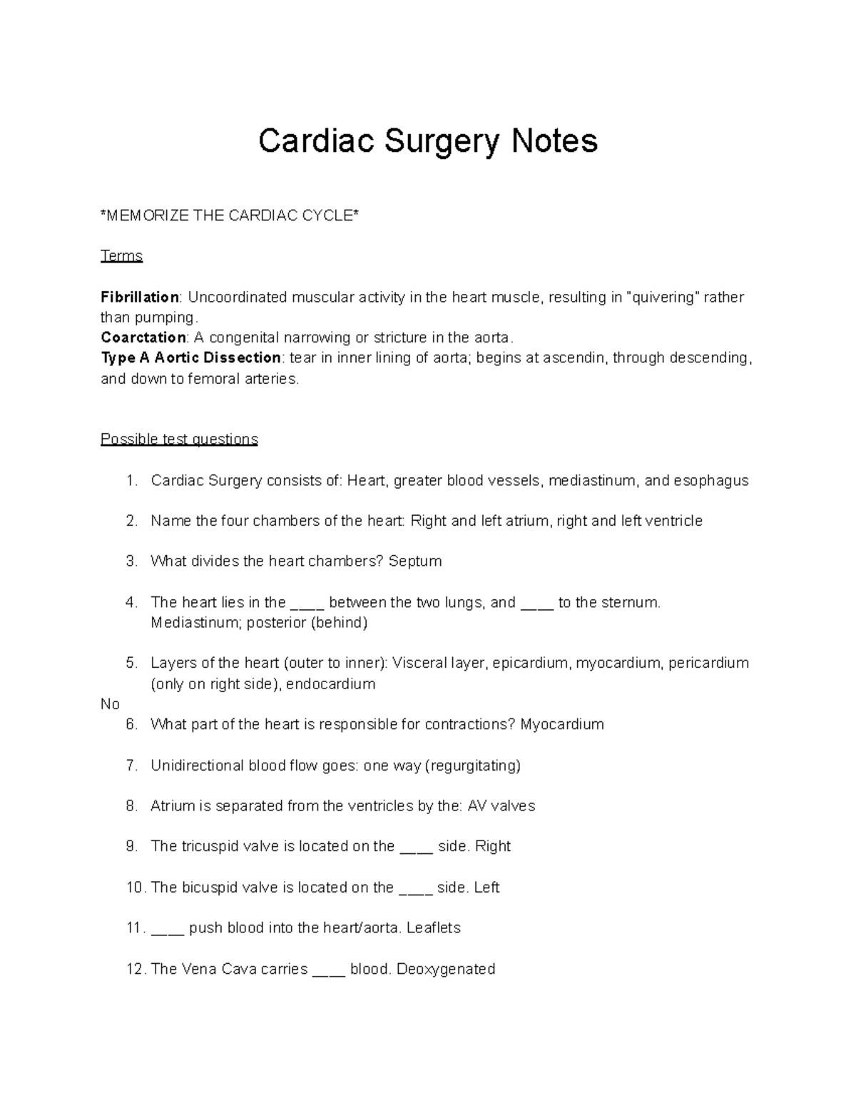 Cardiac Surgery Notes pg 1 - Cardiac Surgery Notes MEMORIZE THE CARDIAC ...