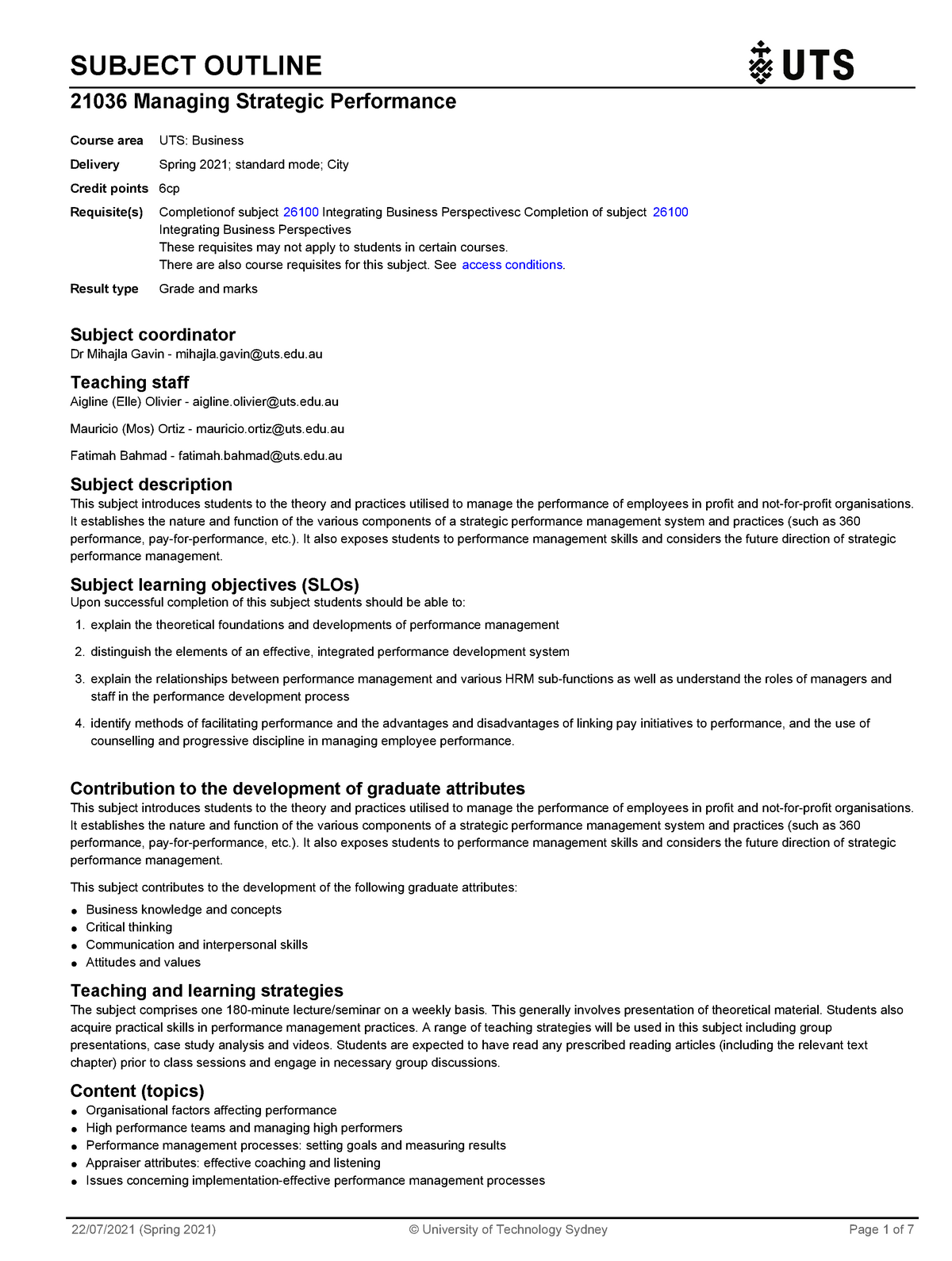 MSP Subject Outline - SUBJECT OUTLINE 21036 Managing Strategic ...