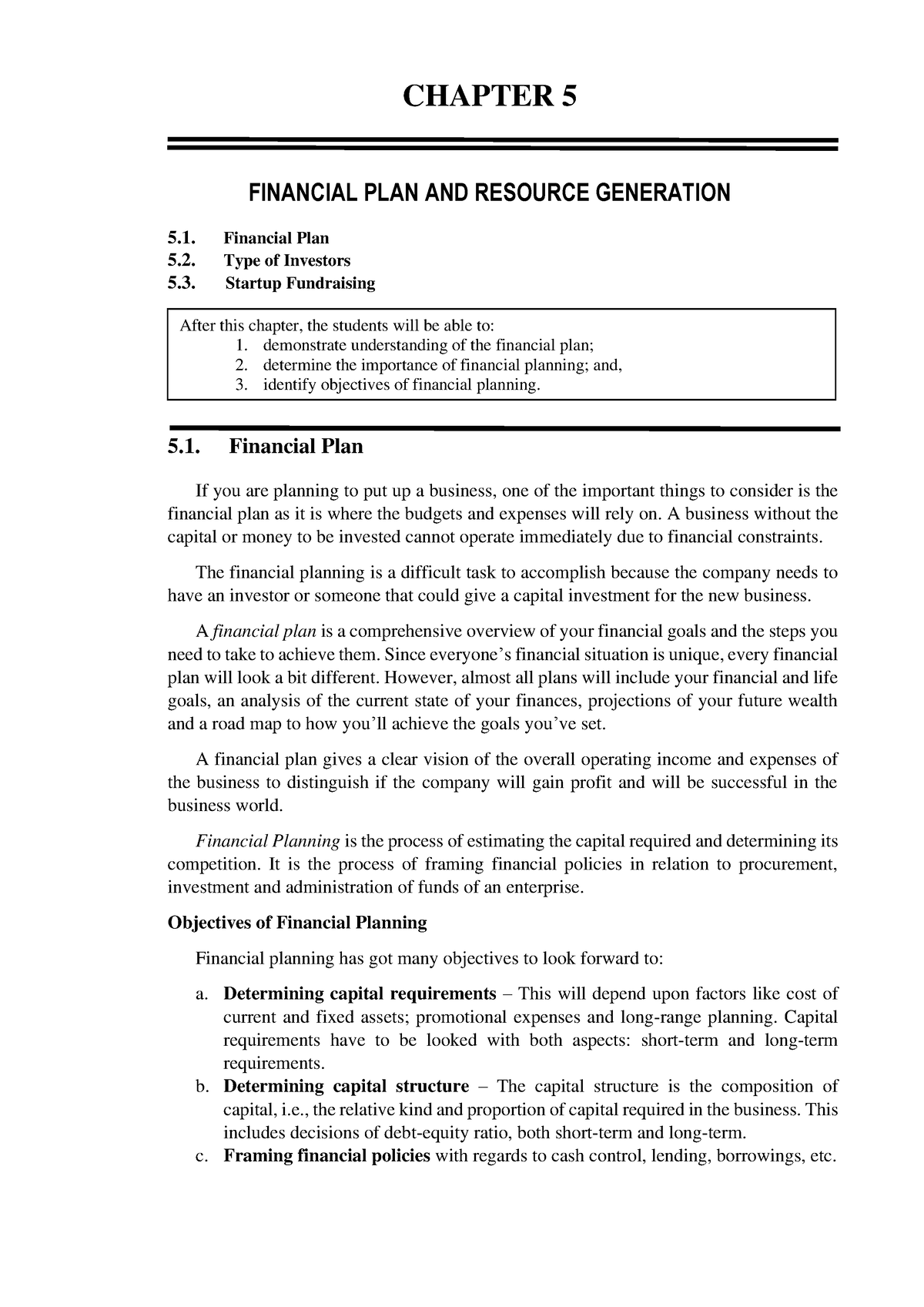 business plan chapter 5 financial plan