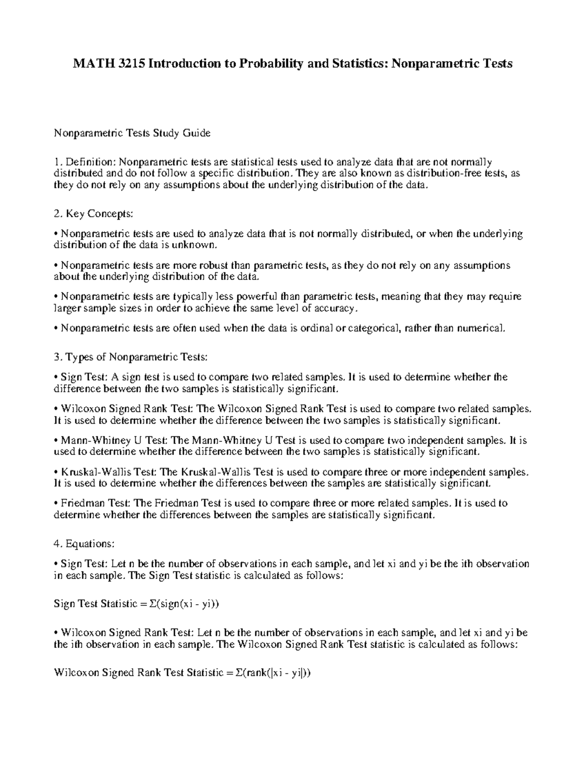MATH 3215 Introduction to Probability and Statistics - Nonparametric ...