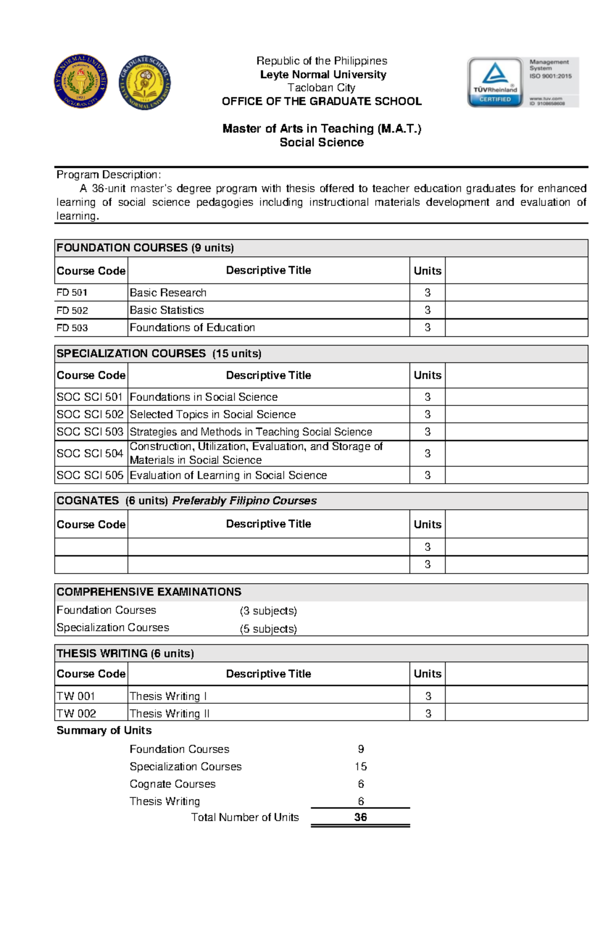 Prospectus - MAT SOC SCI - Program Description: Course Code Units FD ...