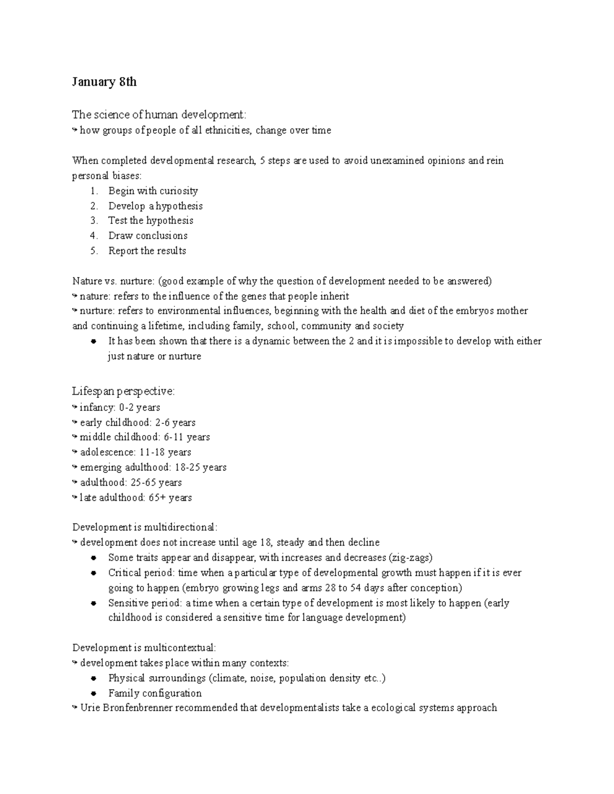 Notes before midterm 1 - January 8th The science of human development ...