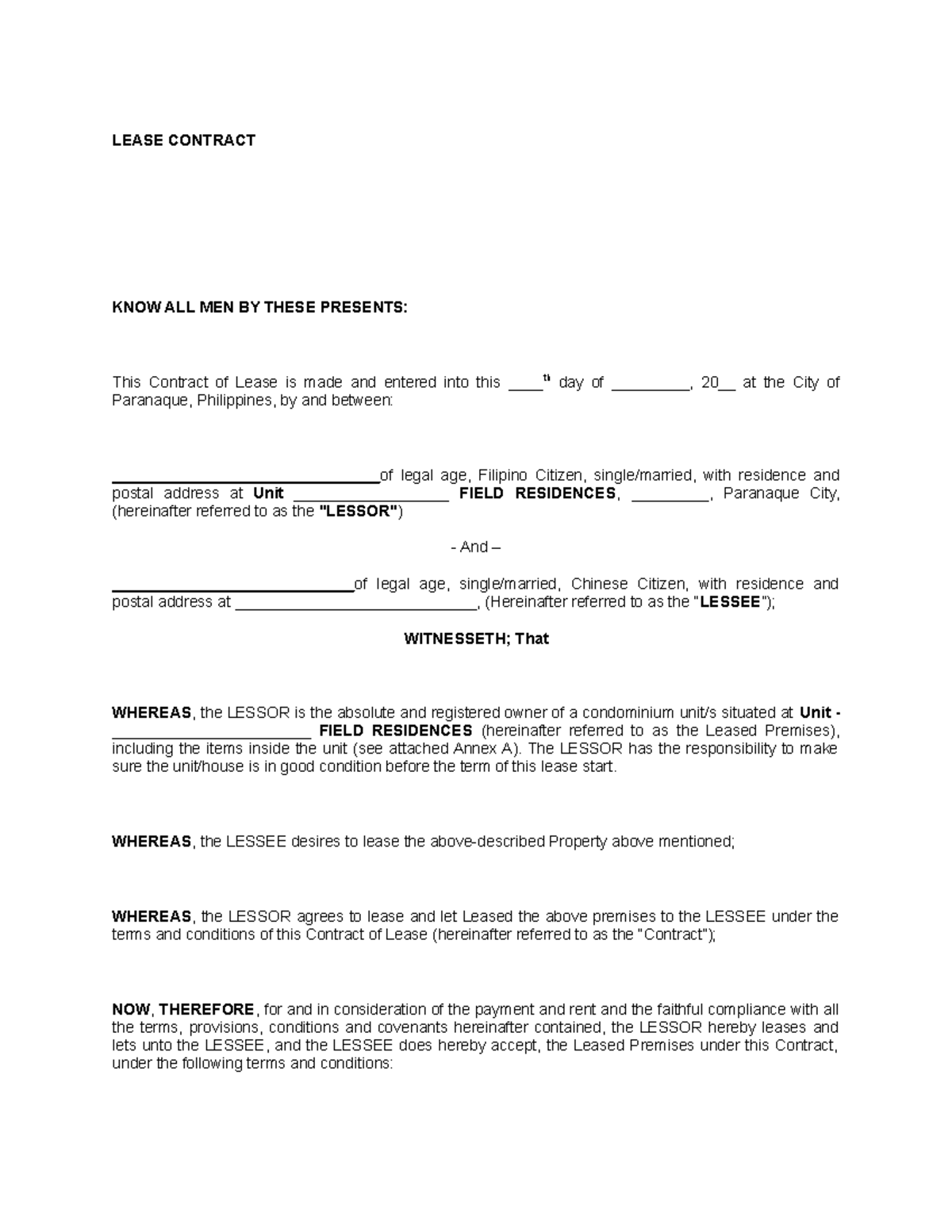COL 1 - Contract of Loan - LEASE CONTRACT KNOW ALL MEN BY THESE ...