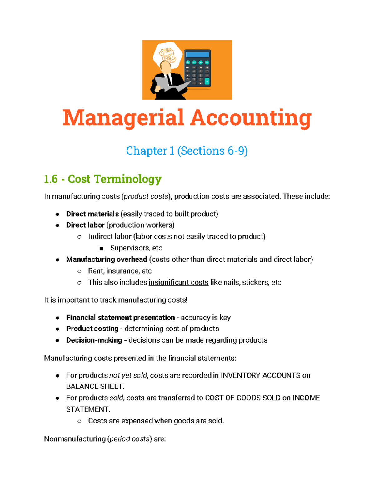 Managerial Accounting Ch 1 Sections 6-9 - Managerial Accounting Chapter ...