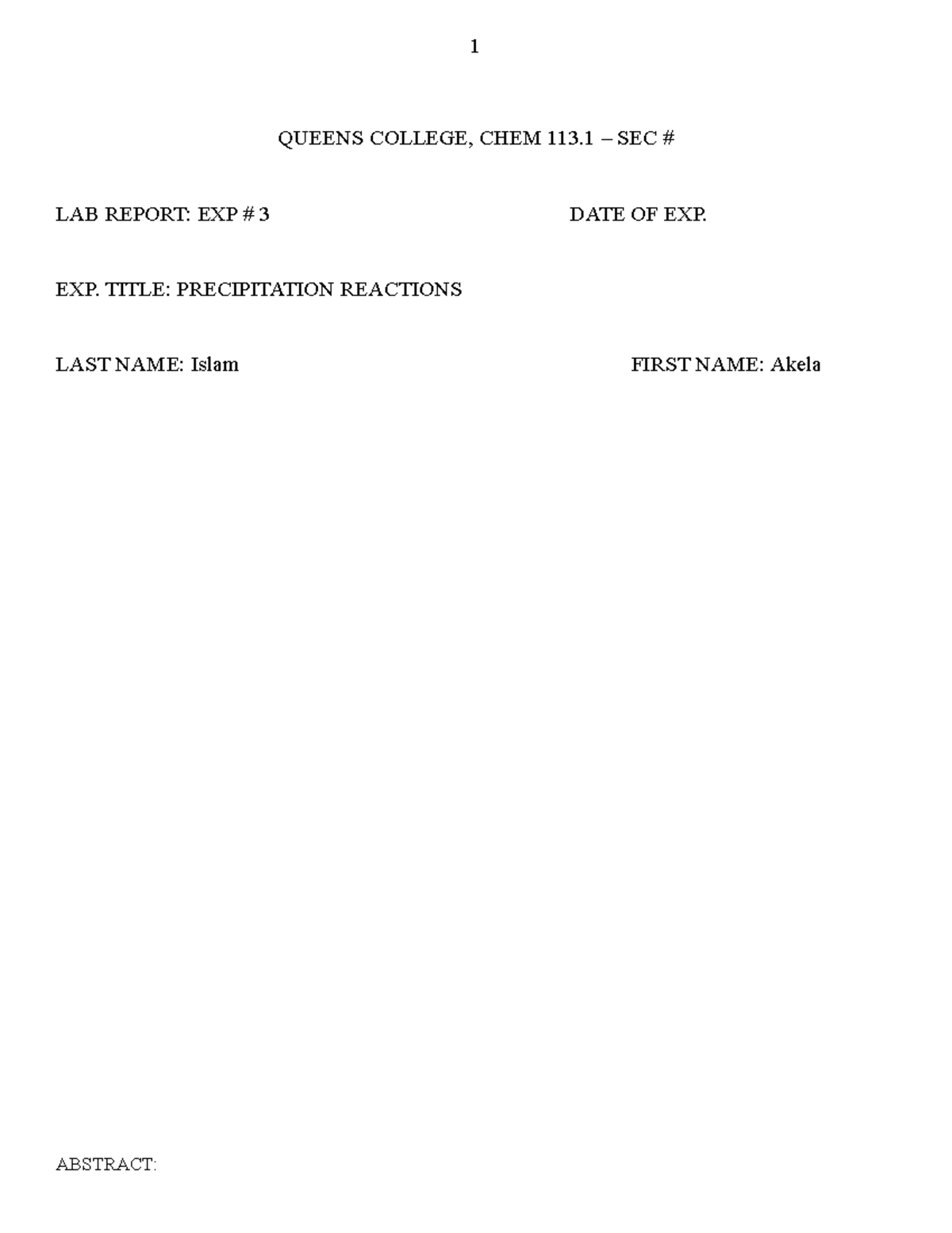 Chemistry Lab 3 - table - Lecture notes 1-3 - QUEENS COLLEGE, CHEM 113 ...