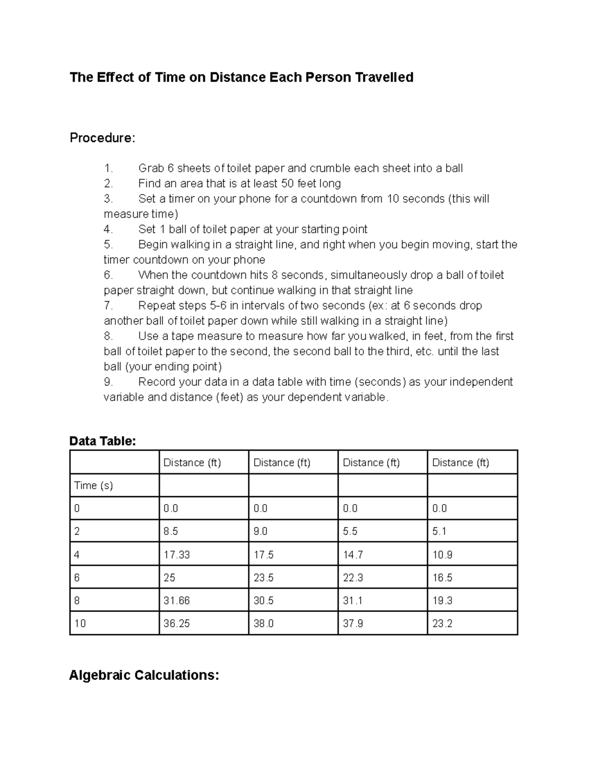 Physics Speed Lab The Effect of Time on Distance Each Person