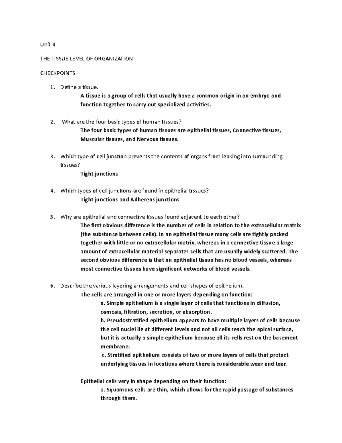 UNIT 4 THE Tissue Level OF Organization Checklist & Answers Principles ...