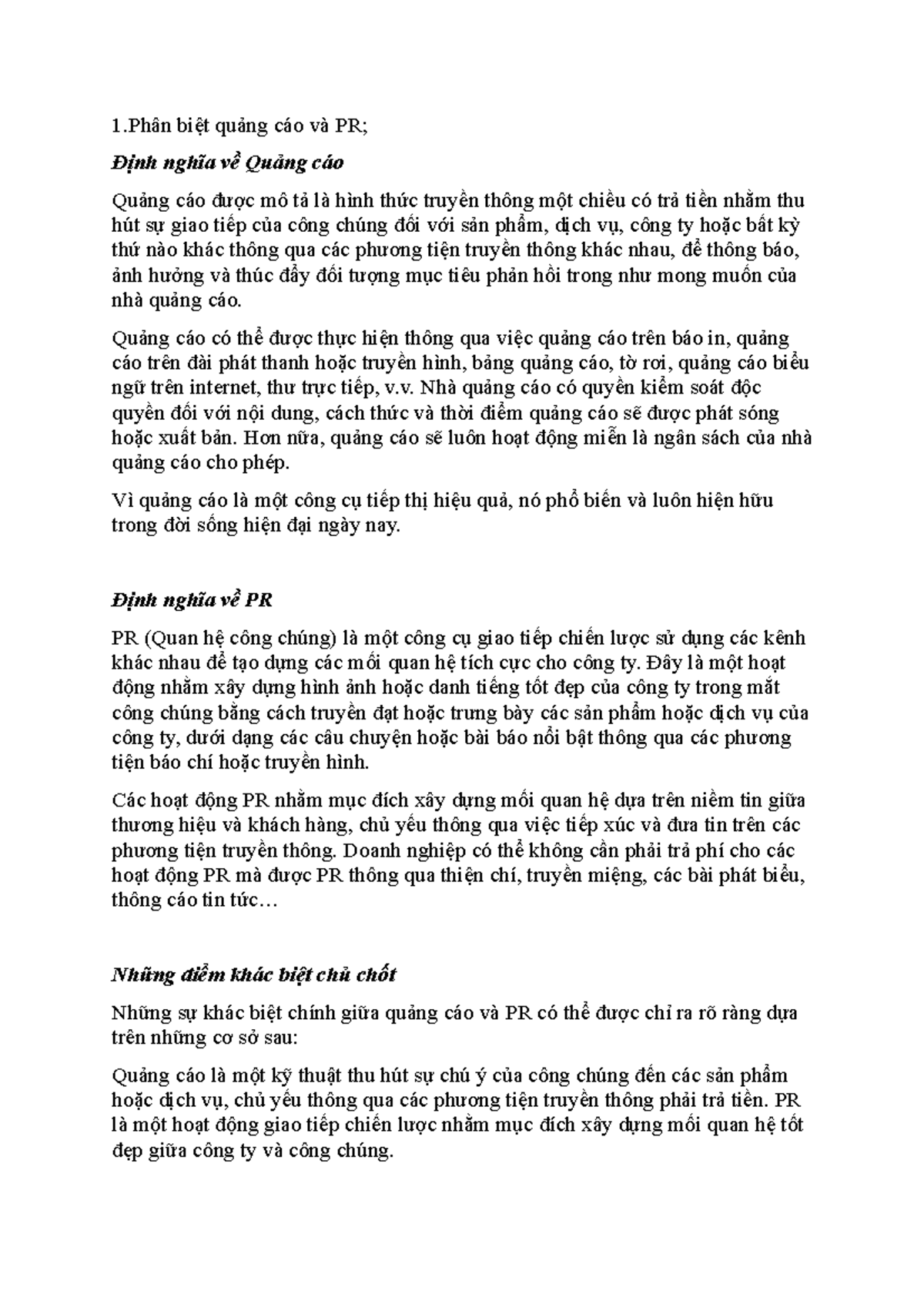 Bài tập 6 (còn câu 4) - homework - 1ân biệt quảng cáo và PR; Định nghĩa về Quảng cáo Quảng cáo được - Studocu