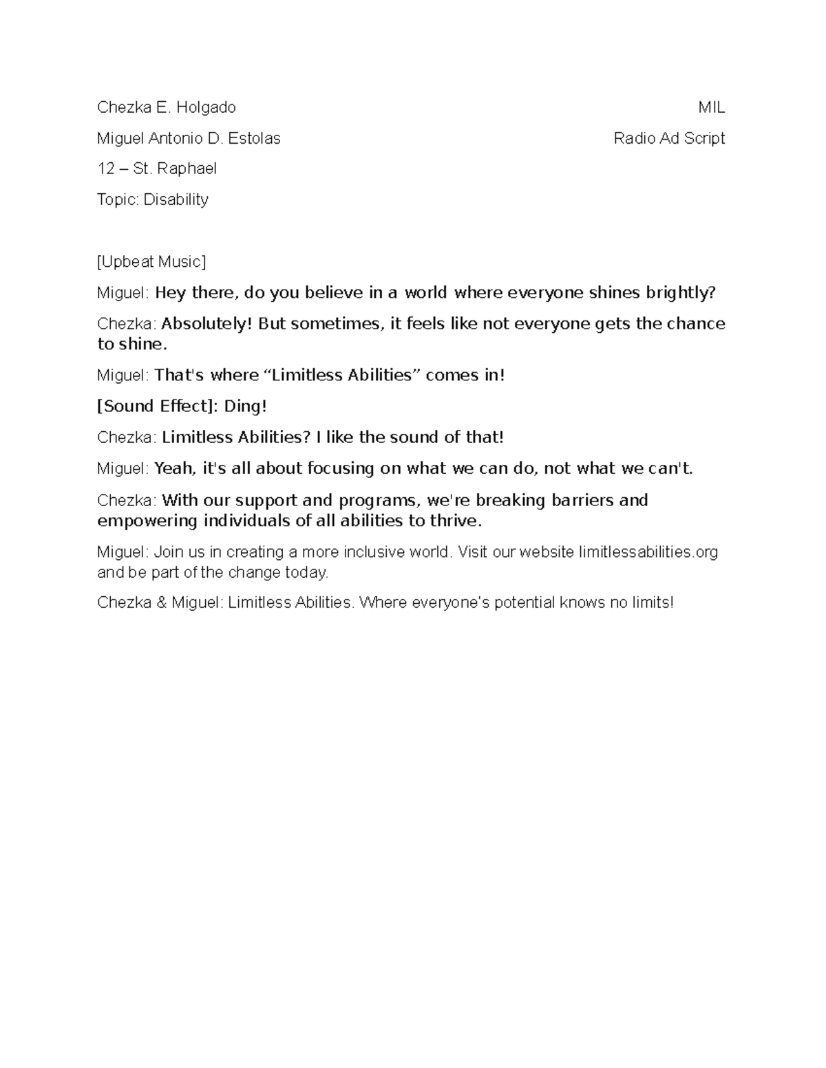 1 MIN Radio AD Script - MIL - Chezka E. Holgado MIL Miguel Antonio D ...