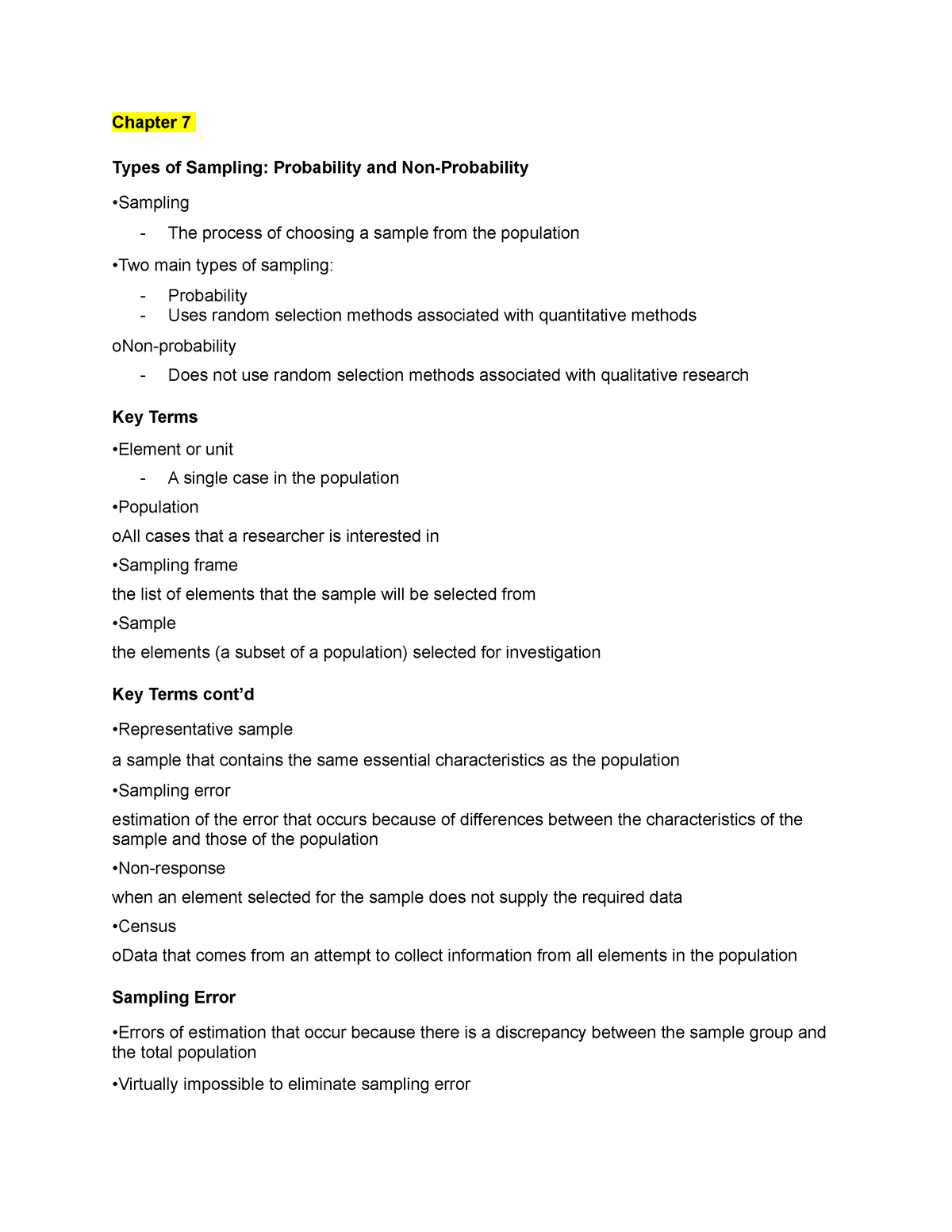 Chapter 7 Course Material Chapter 7 Types Of Sampling Probability And Non Probability Sampling Studocu