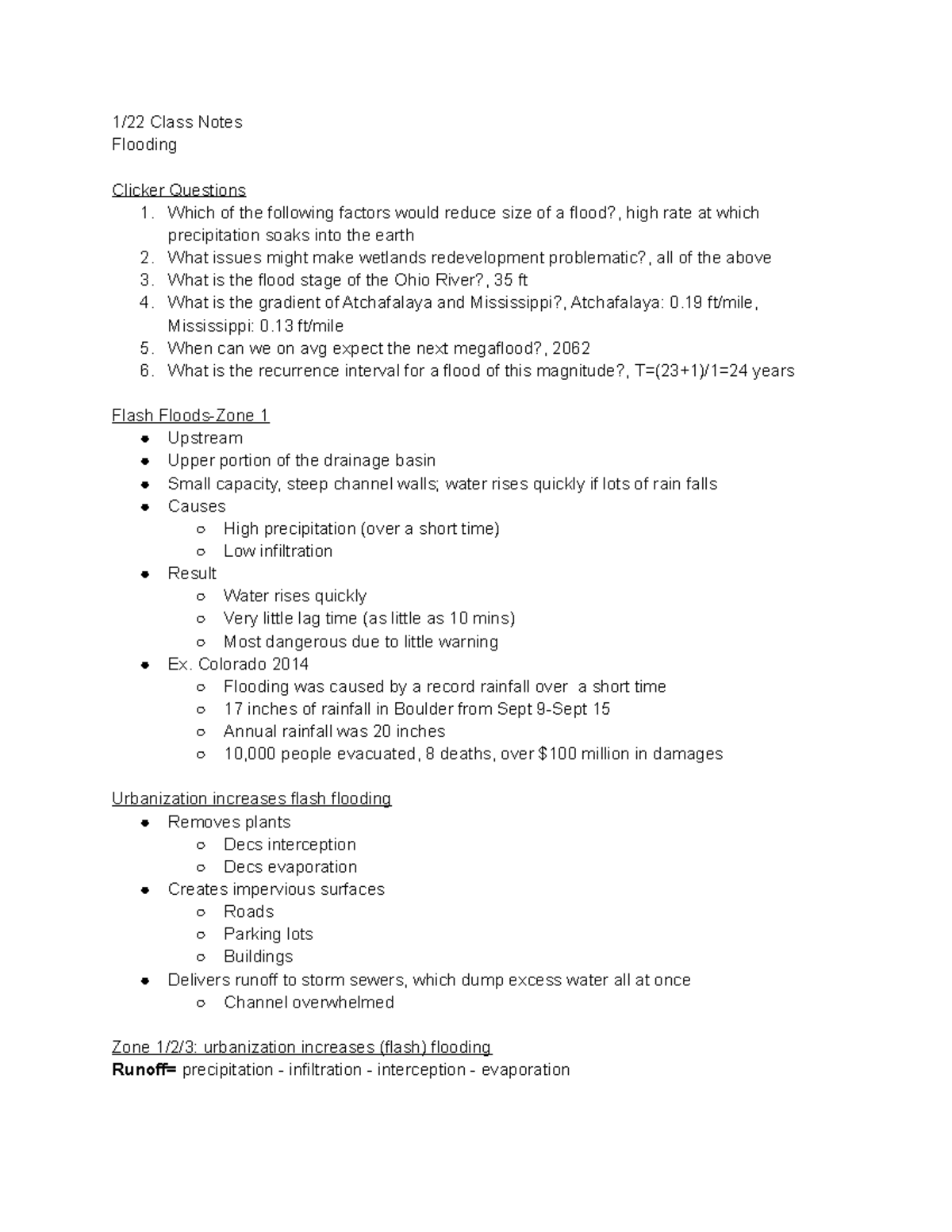 1/22 Class Notes - 1/22 Class Notes Flooding Clicker Questions 1. Which ...
