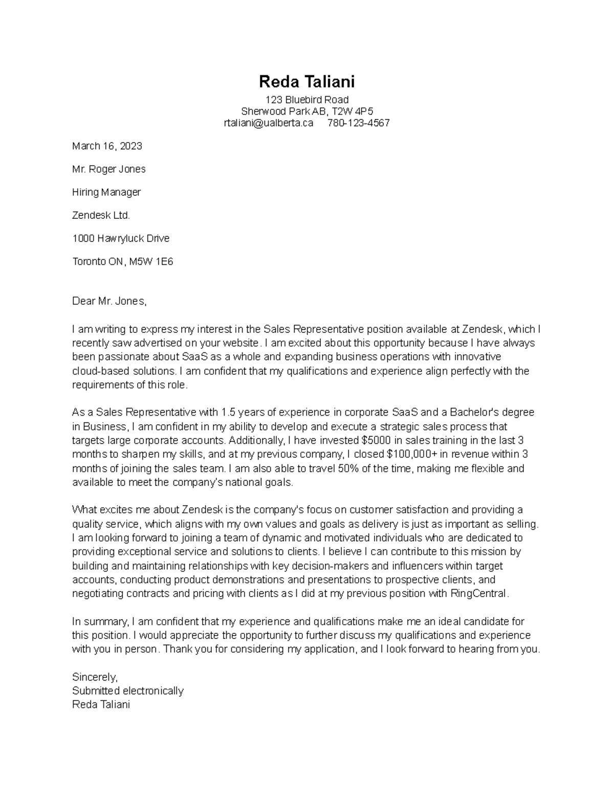 BUS 301 - Cover Letter + Resume - Reda Taliani 123 Bluebird Road ...