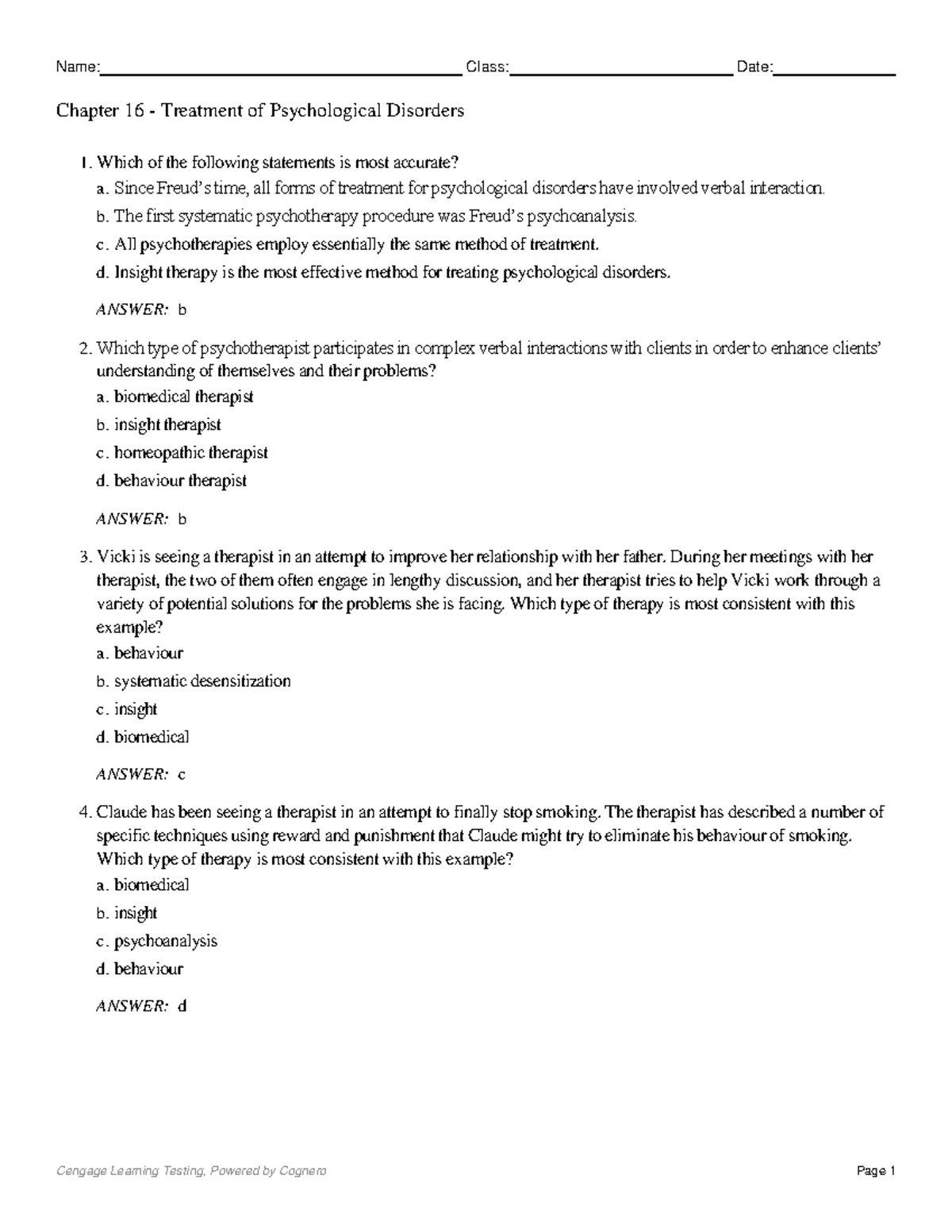 Chapter 16 Treatment of Psychological Disorders - 1. Which of the ...