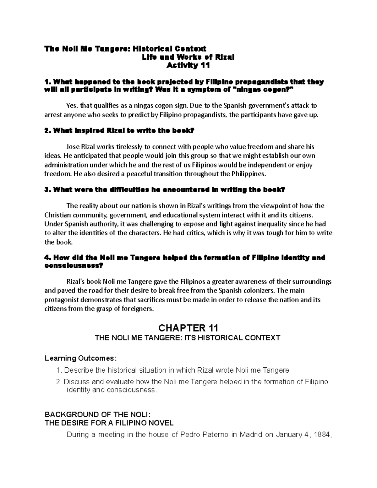 LV11 - Rizal-Chapter-11 - The Noli Me Tangere: Historical Context Life ...