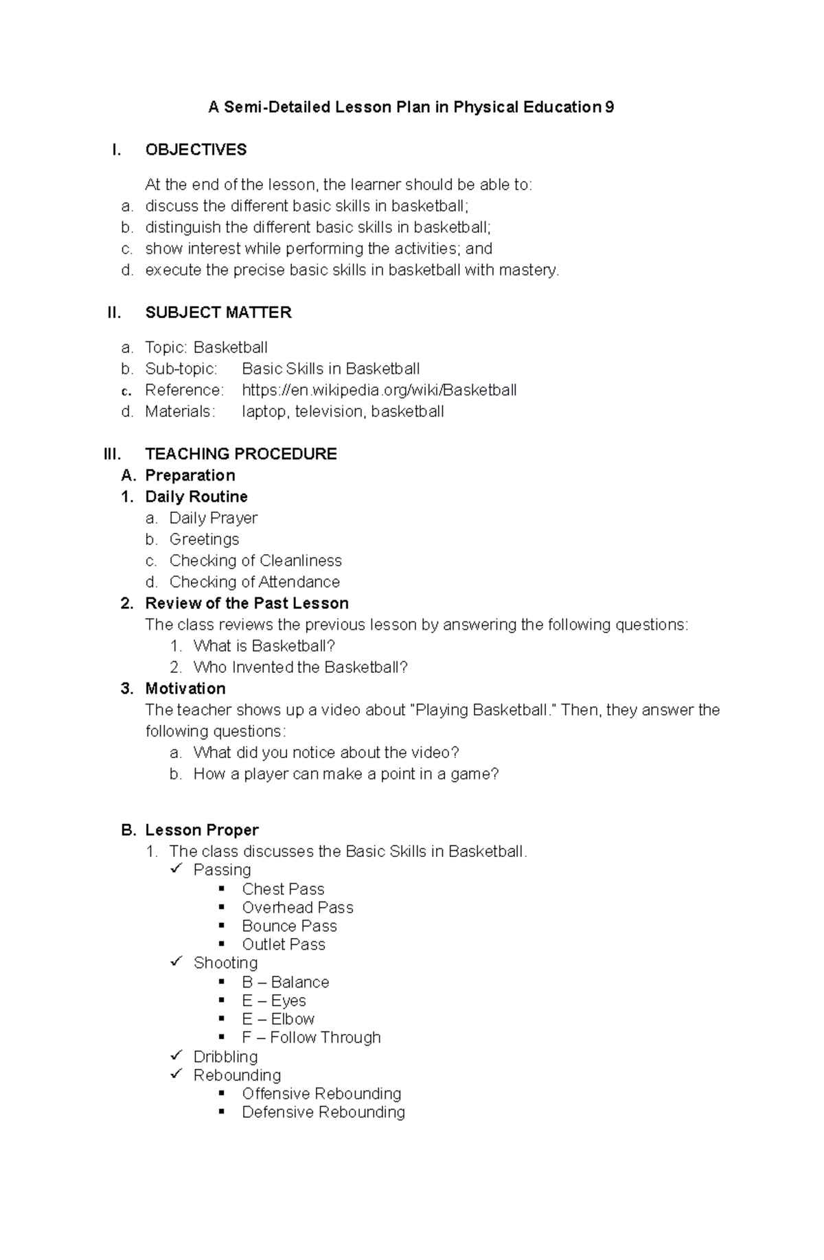 LP Bball - n/a - A Semi-Detailed Lesson Plan in Physical Education 9 I ...