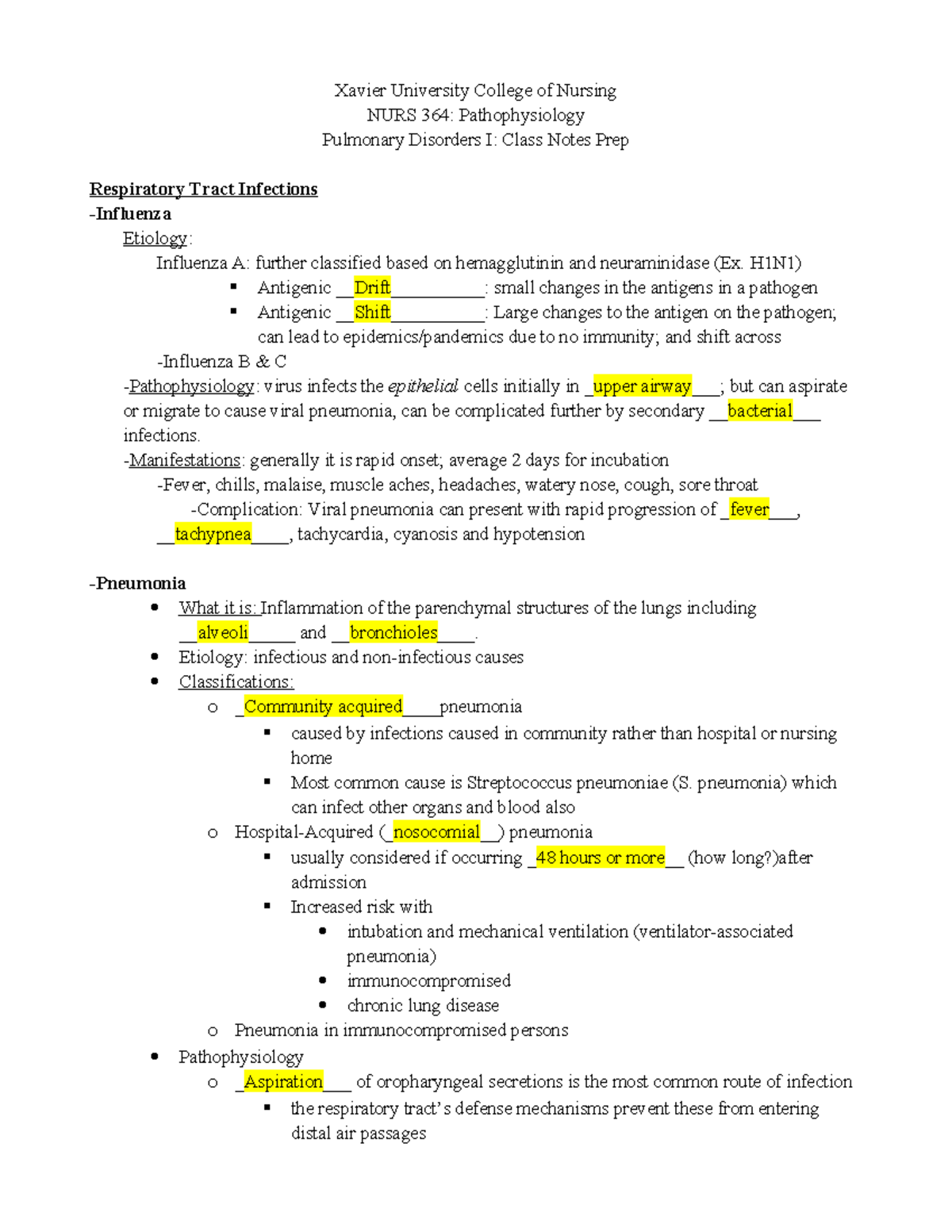 16+Pulmonary+Disorders+I++notes+ Answers copy - Xavier University ...
