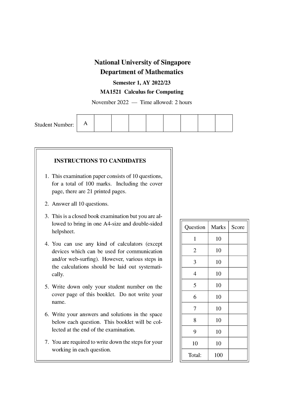 Exam 2022 23 S1 - exam - National University of Singapore Department of ...