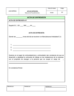 Formato ACTA Entrevista - LOGO EMPRESA ACTA DE ENTREVISTA. Manuel de  Procedimientos. Fecha De - Studocu