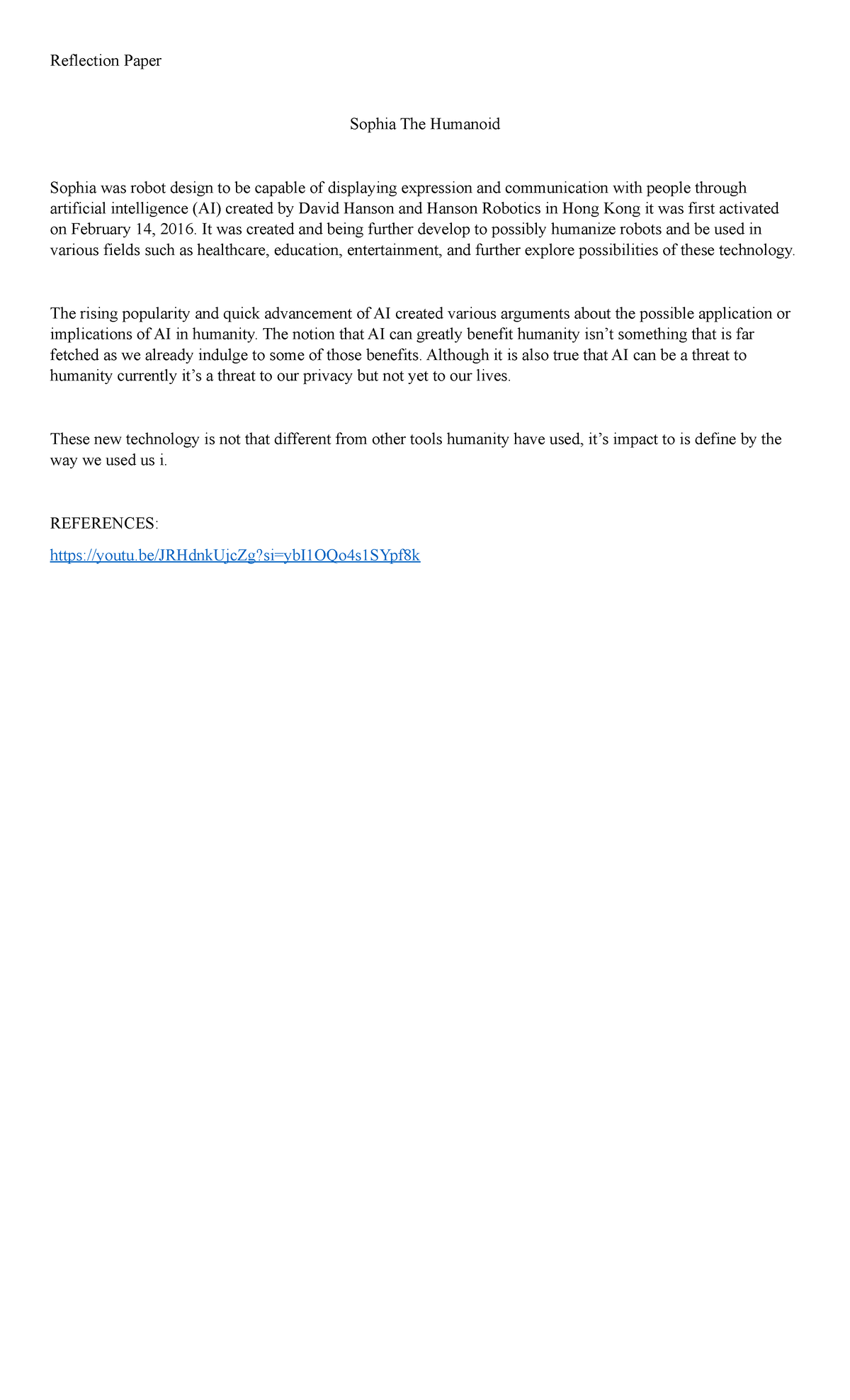 STS Finals Reflection Paper - Reflection Paper Sophia The Humanoid ...