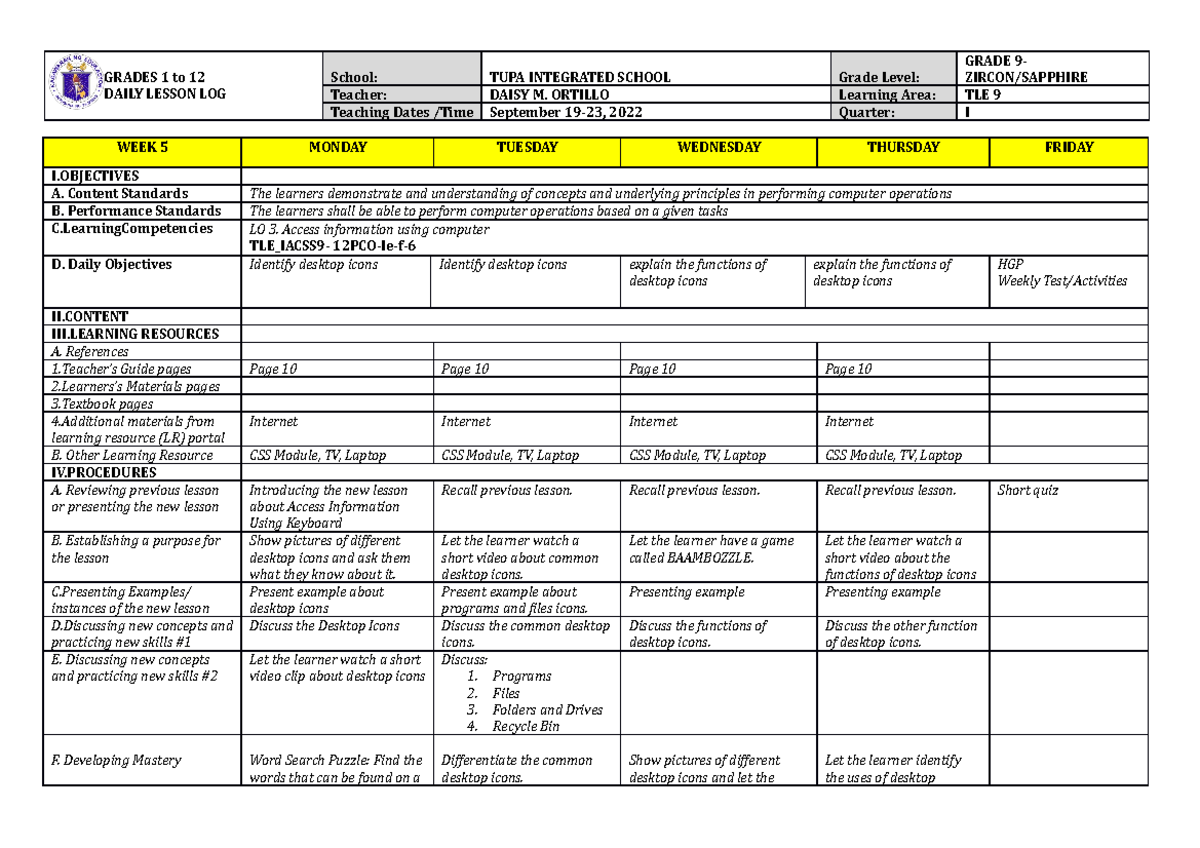 Q1 TLE 9 - N/A - GRADES 1 to 12 DAILY LESSON LOG School: TUPA ...