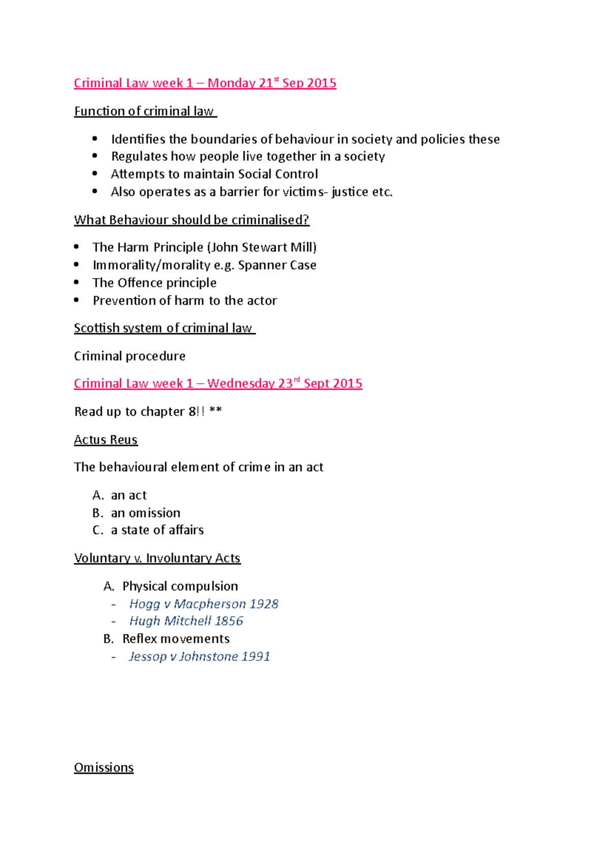 Criminal Law Lecture notes - Criminal Law week 1 Monday 21st Sep 2015 ...