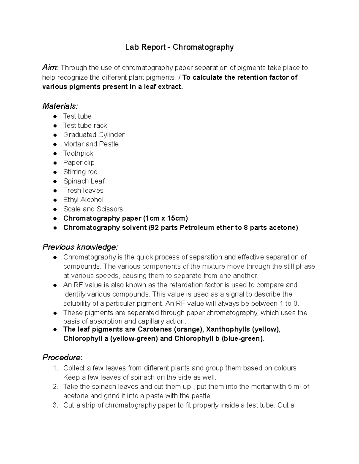 Lab Report Chromatography / To calculate the retention factor of various pigments present in