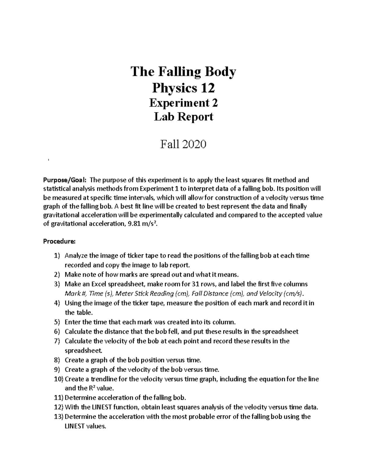 Lab Experiment 2 - The Falling Body Physics 12 Experiment 2 Lab Report ...