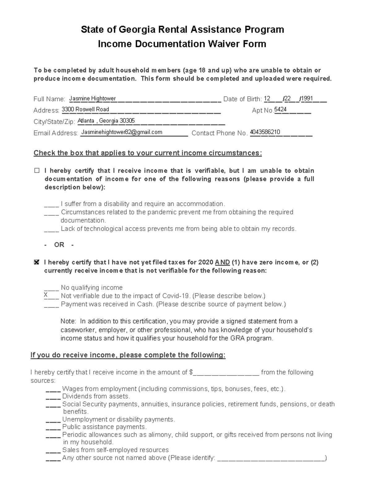 Income Documentation Waiver - State of Georgia Rental Assistance ...