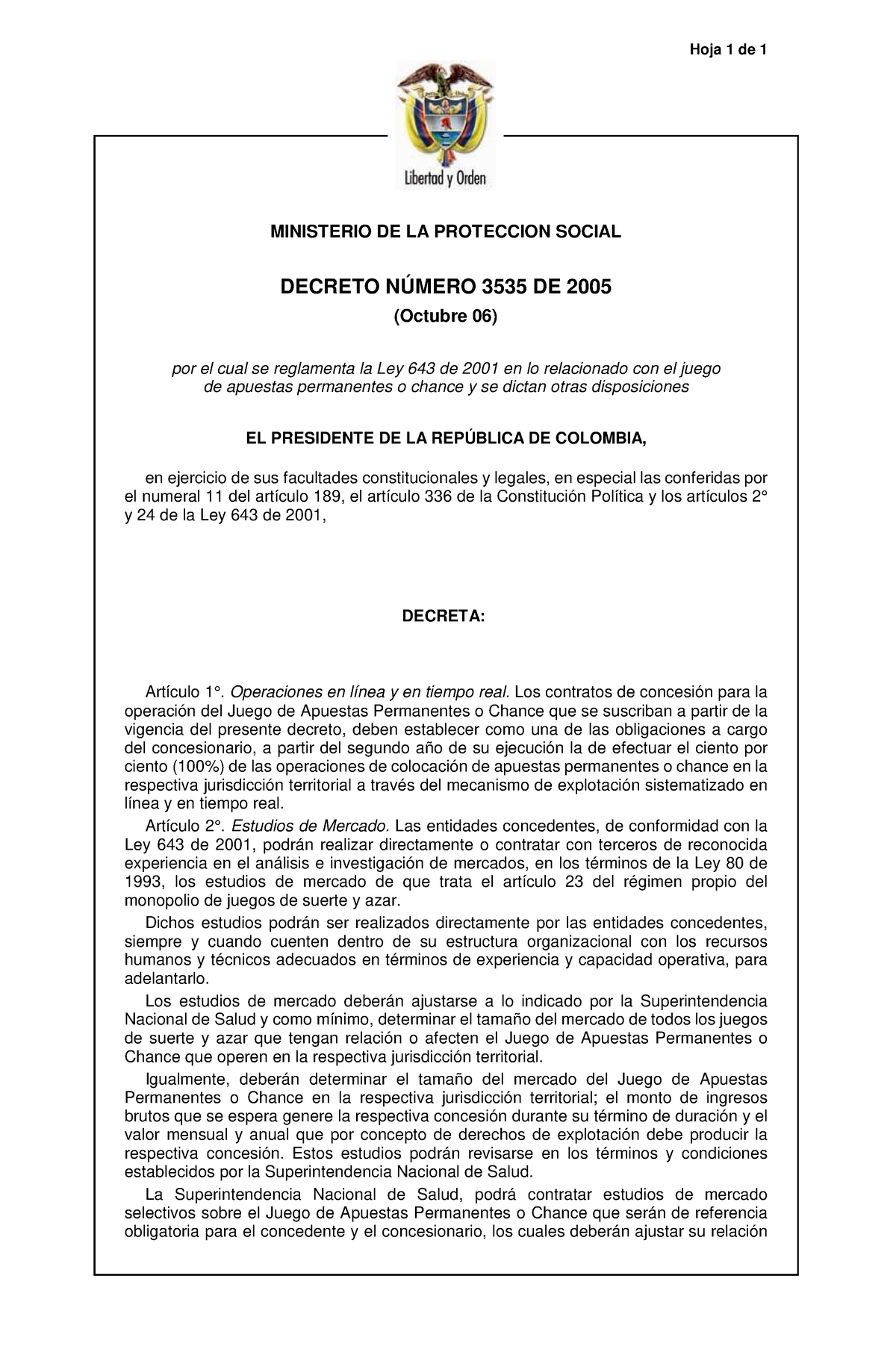 Decreto 3535 De 2005 Ministerio De La Proteccion Social Decreto NÚmero 3535 De 2005 Octubre 7110