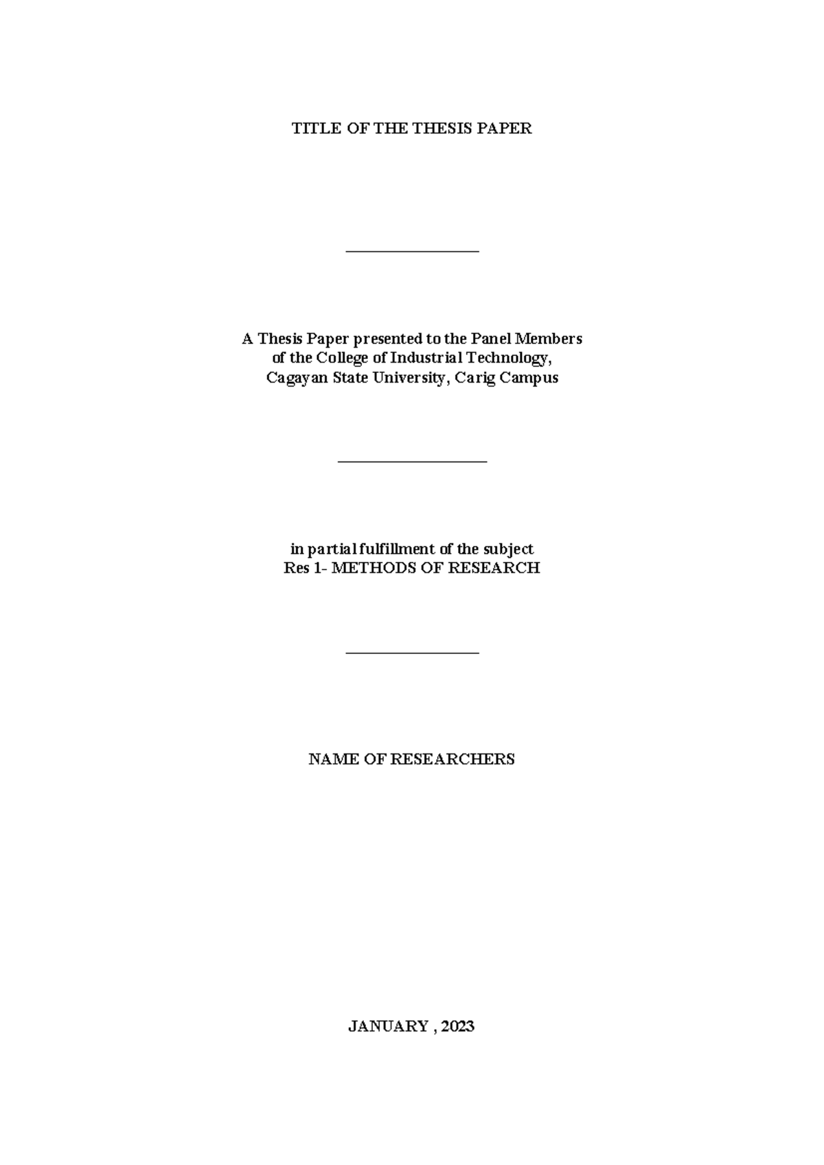 Format - TITLE OF THE THESIS PAPER ________________ A Thesis Paper ...