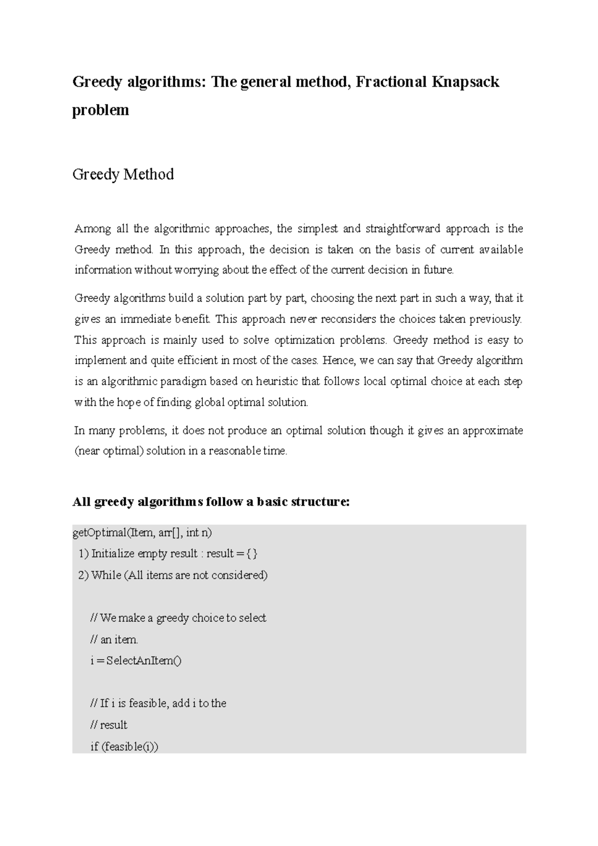 4.4 Greedy algorithms The general method, Fractional Knapsack problem ...